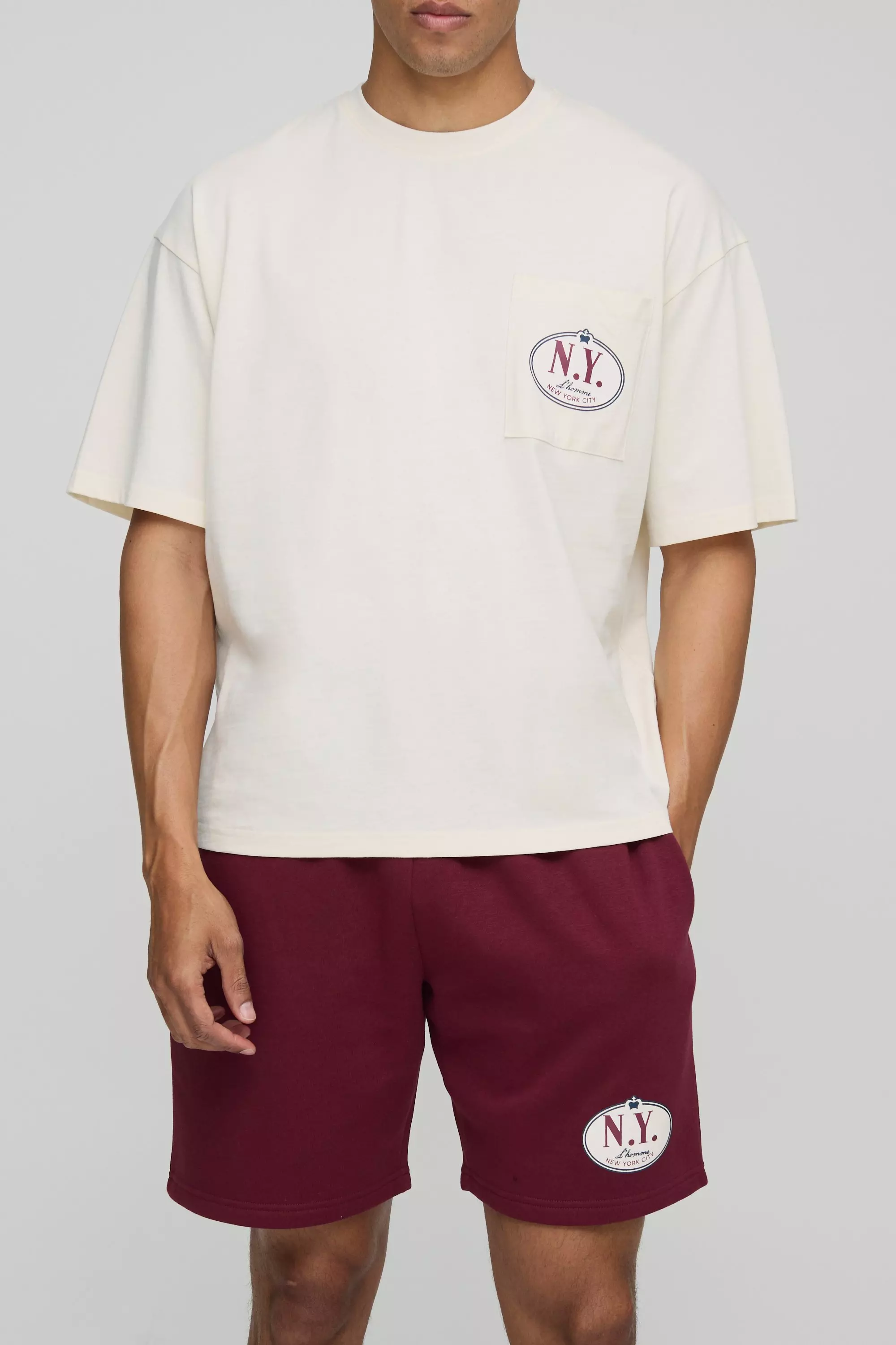 Oversized Boxy Homme Embroidered T-Shirt & Short Set Burgundy