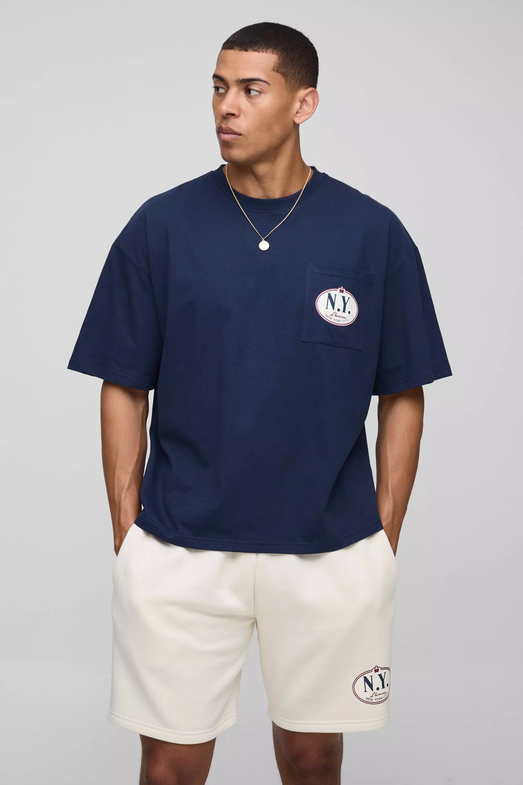 Oversized Boxy Homme Embroidered T-Shirt & Short Set Navy