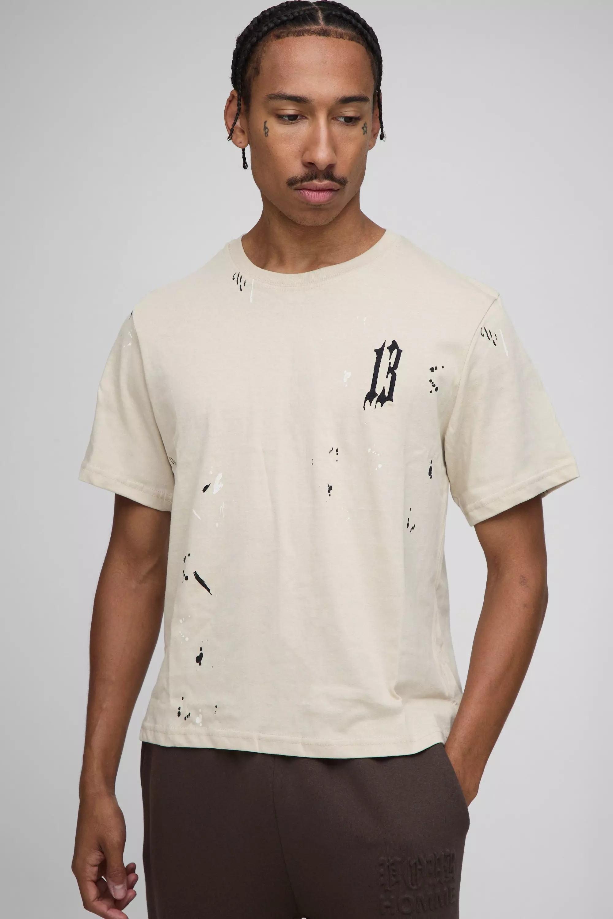 Boxy 13 Embroidered Paint Splatter T-Shirt | boohooMAN USA