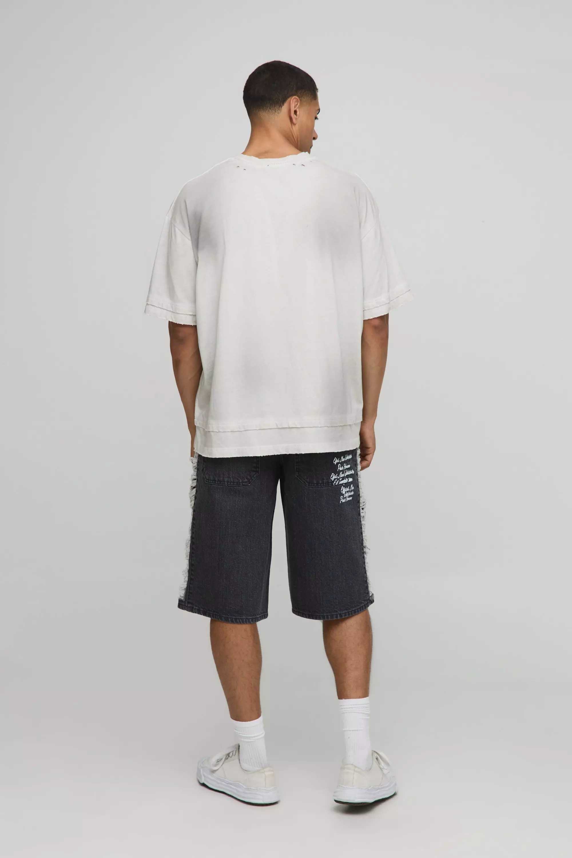 Longline Rigid Printed Distressed Gusset Jorts In Charcoal | boohooMAN USA