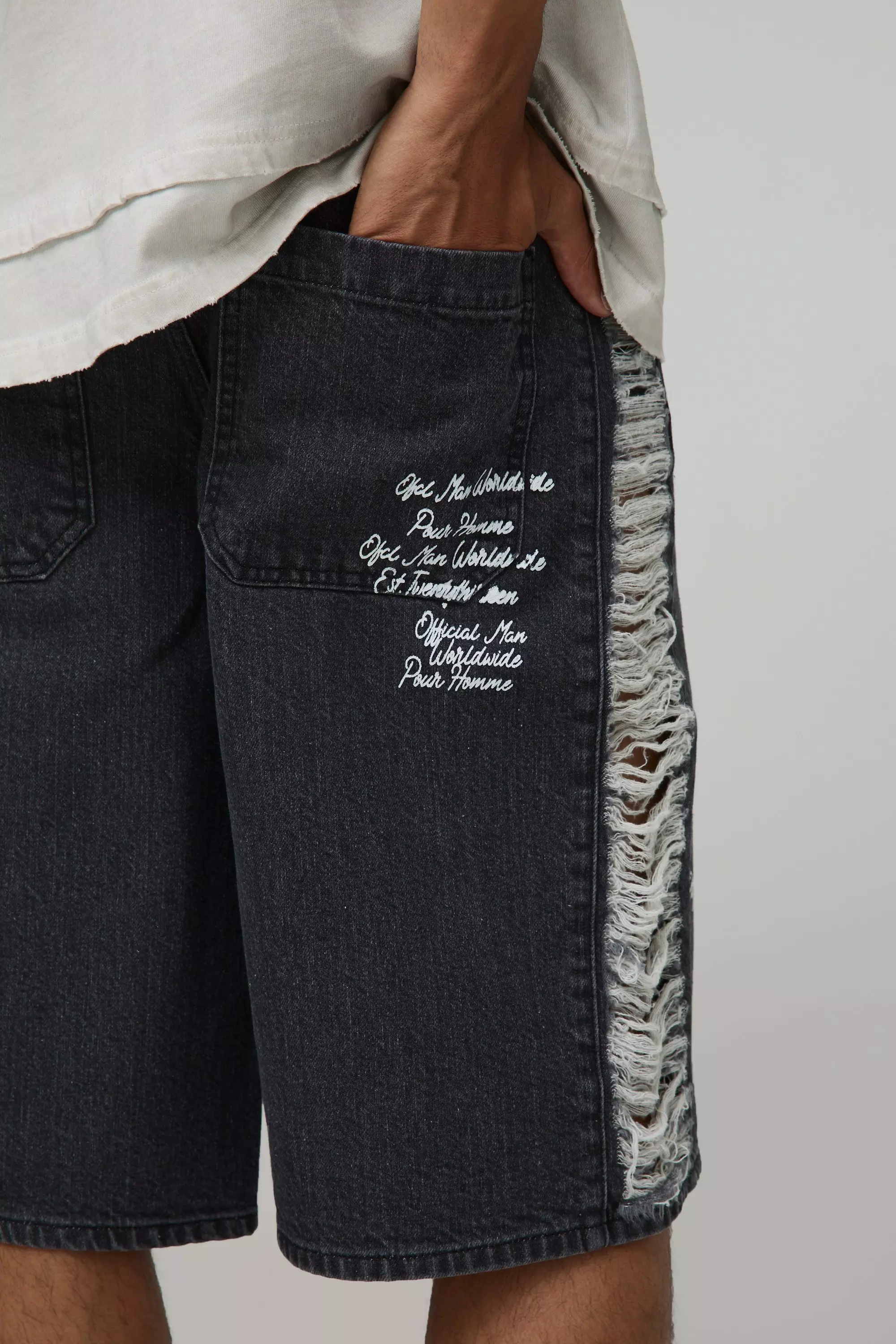 Longline Rigid Printed Distressed Gusset Jorts In Charcoal | boohooMAN USA