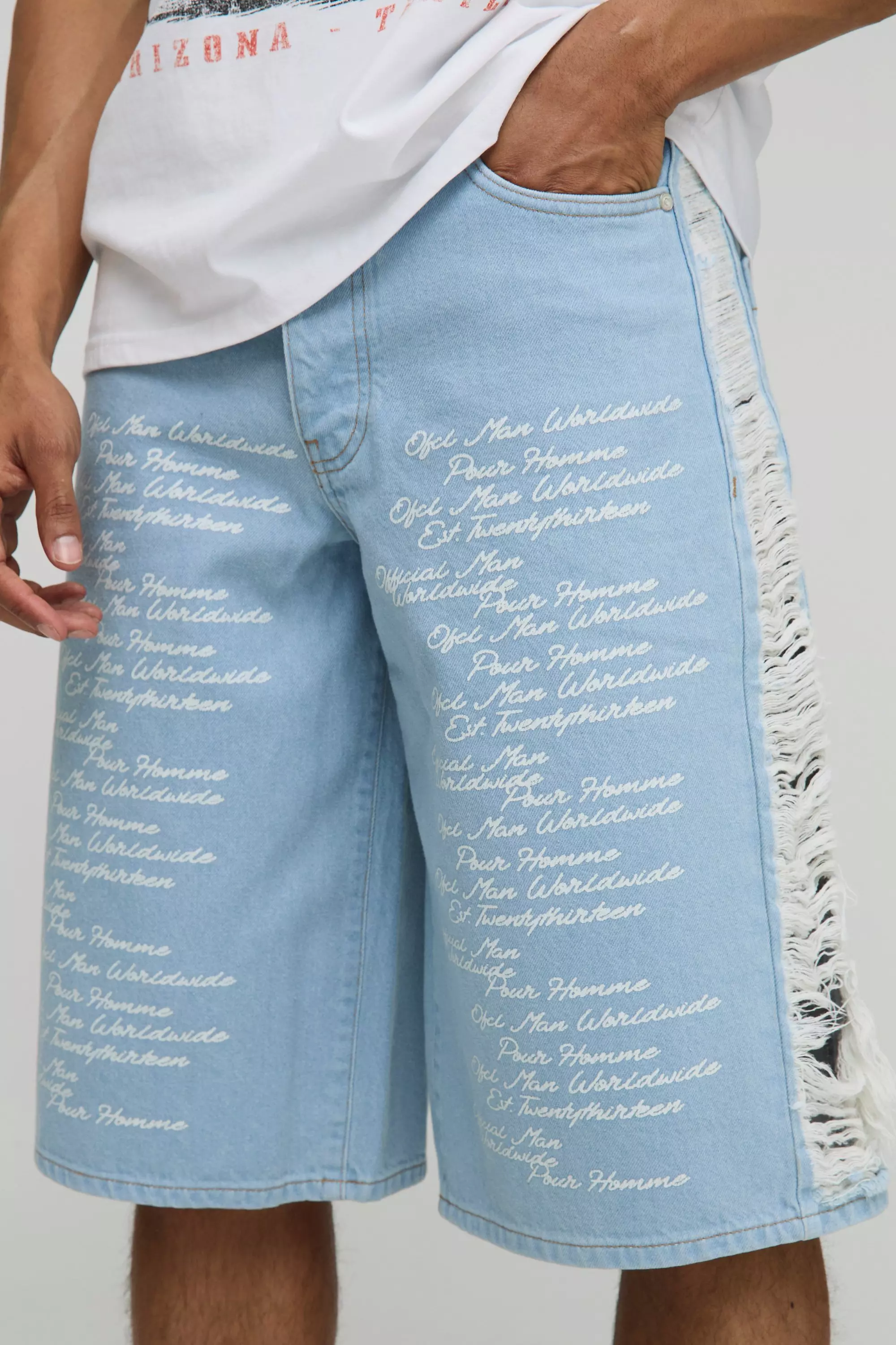 Longline Rigid Printed Distressed Gusset Jorts In Blue | boohooMAN USA