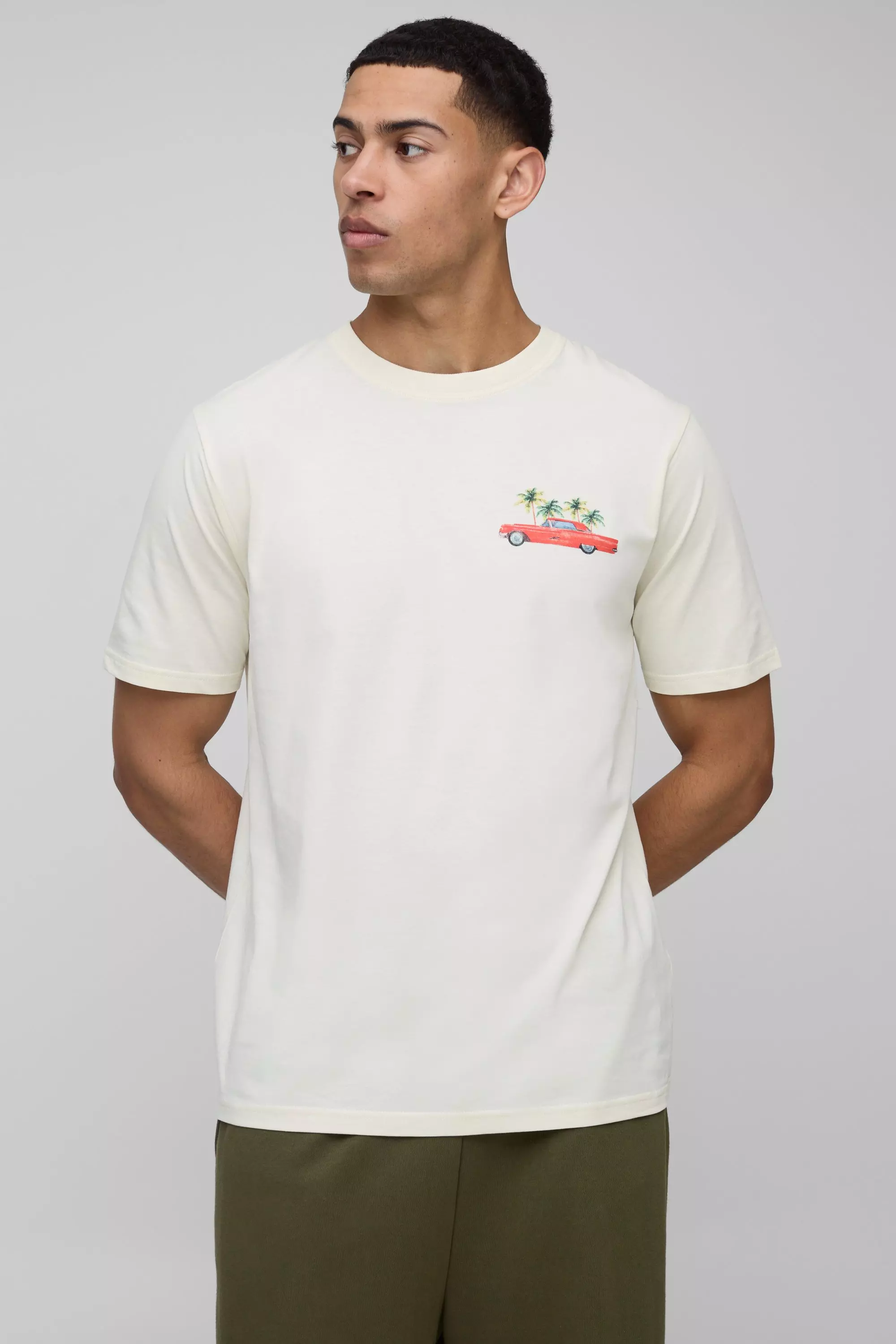 【boohoo】Palm Tree プリント Tシャツ Regular Fit Regular Fit Palm Tree Vintage Car Print Tree T