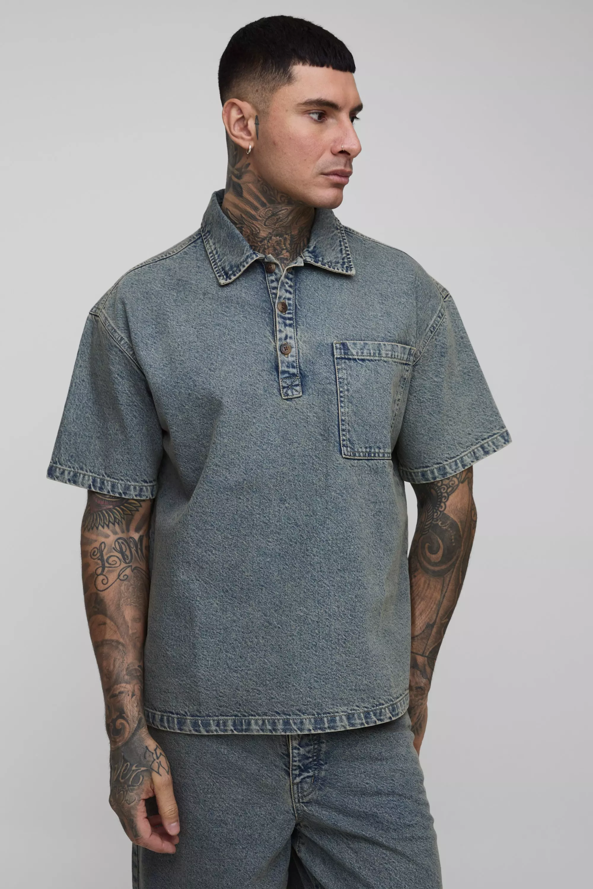 Tall Oversized Washed Denim Short Sleeve Rugby Shirt Antique wash