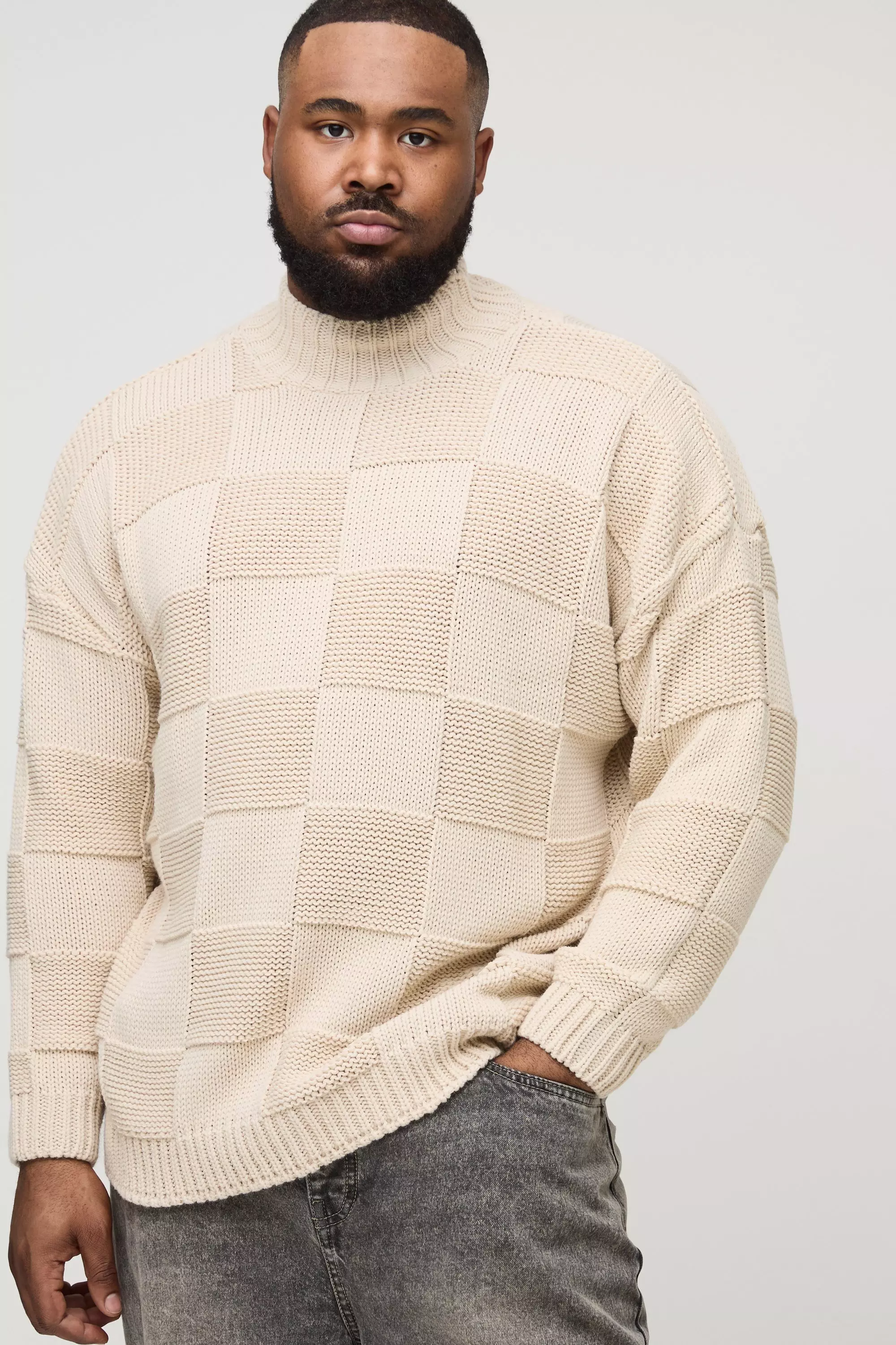 Plus Oversized Plaid Funnel Neck Knitted Sweater | boohooMAN USA