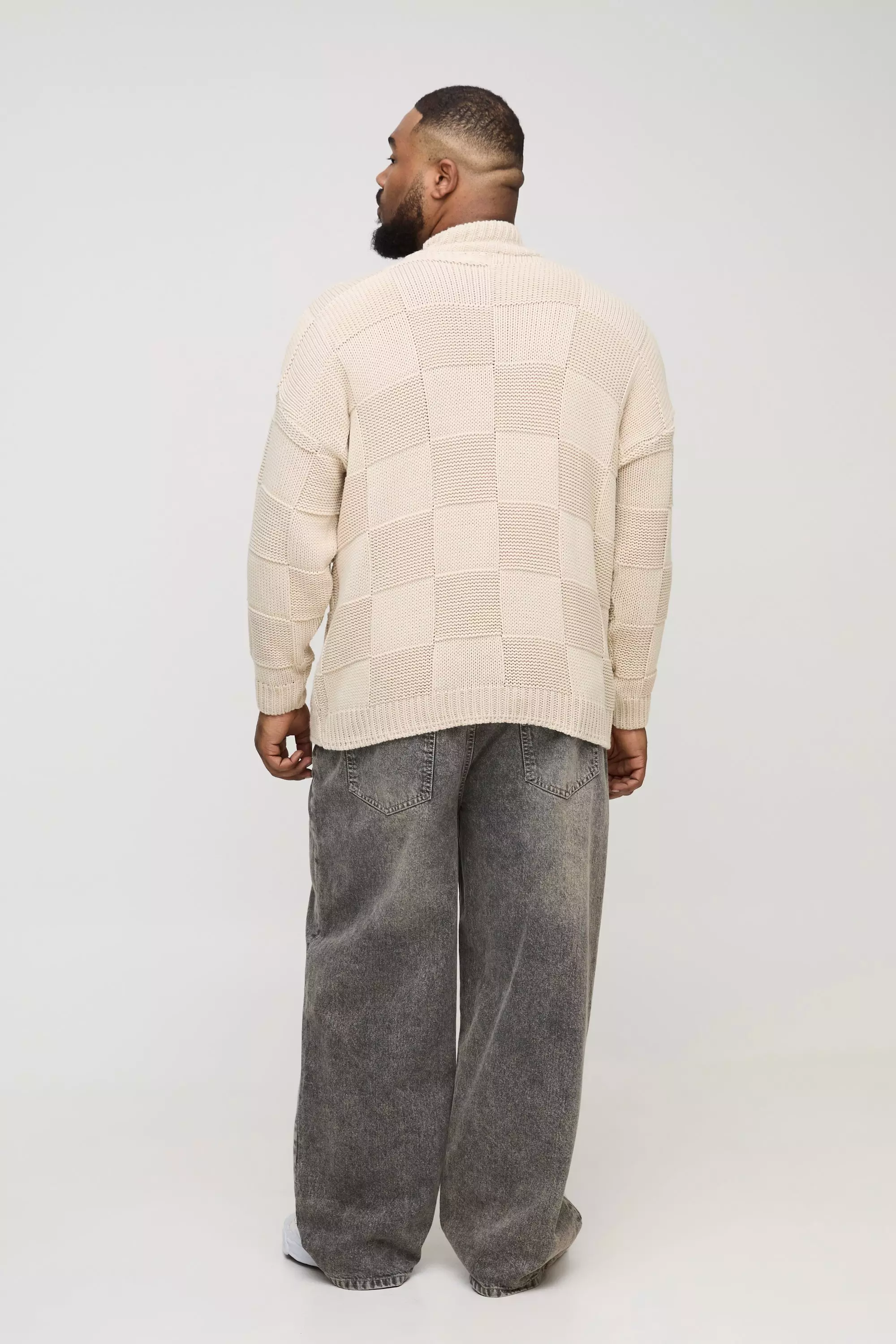 Plus Oversized Plaid Funnel Neck Knitted Sweater | boohooMAN USA