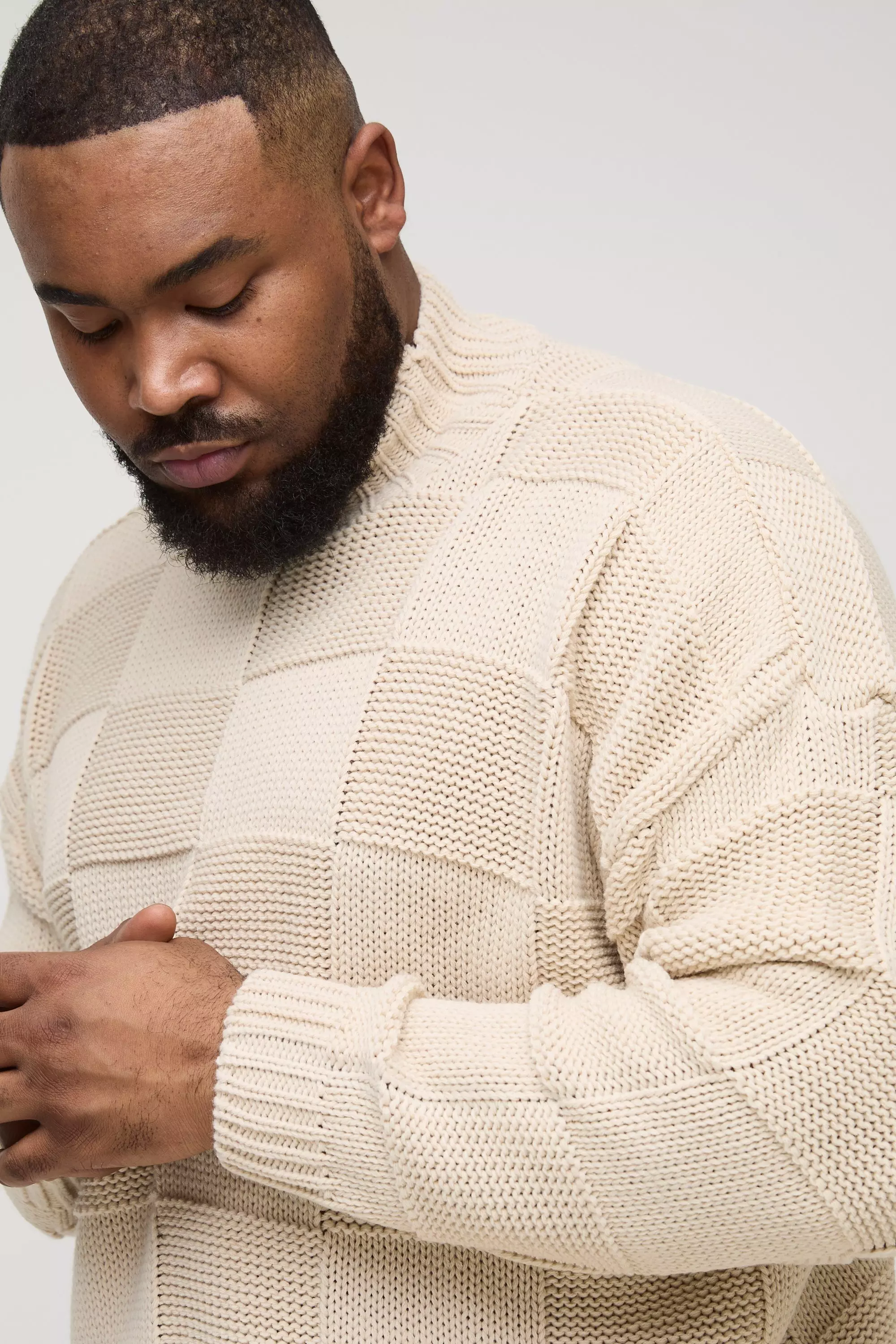 Plus Oversized Plaid Funnel Neck Knitted Sweater | boohooMAN USA