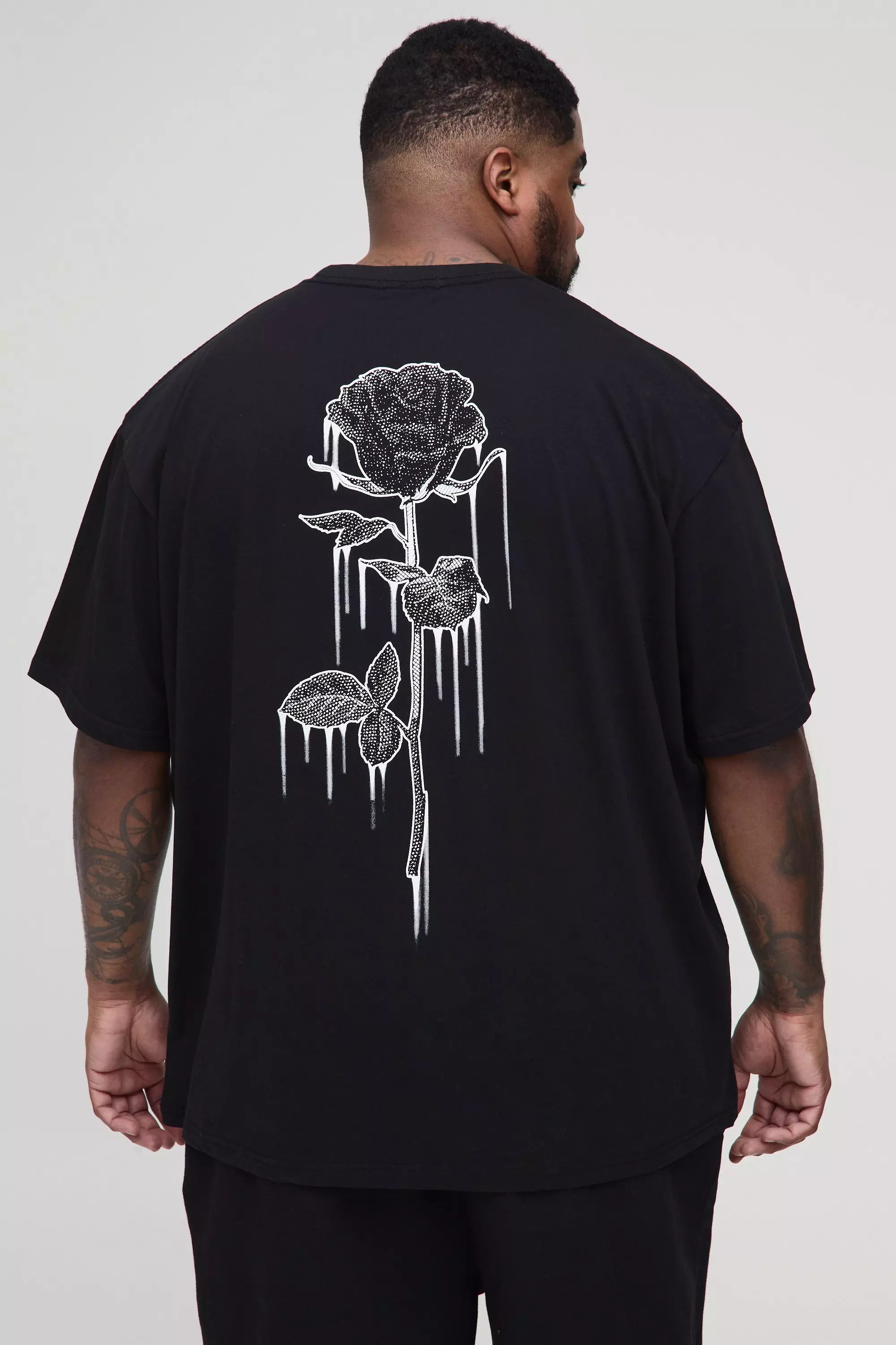Black Plus Drip Floral Line Drawcord Oversized T-Shirt alternative image