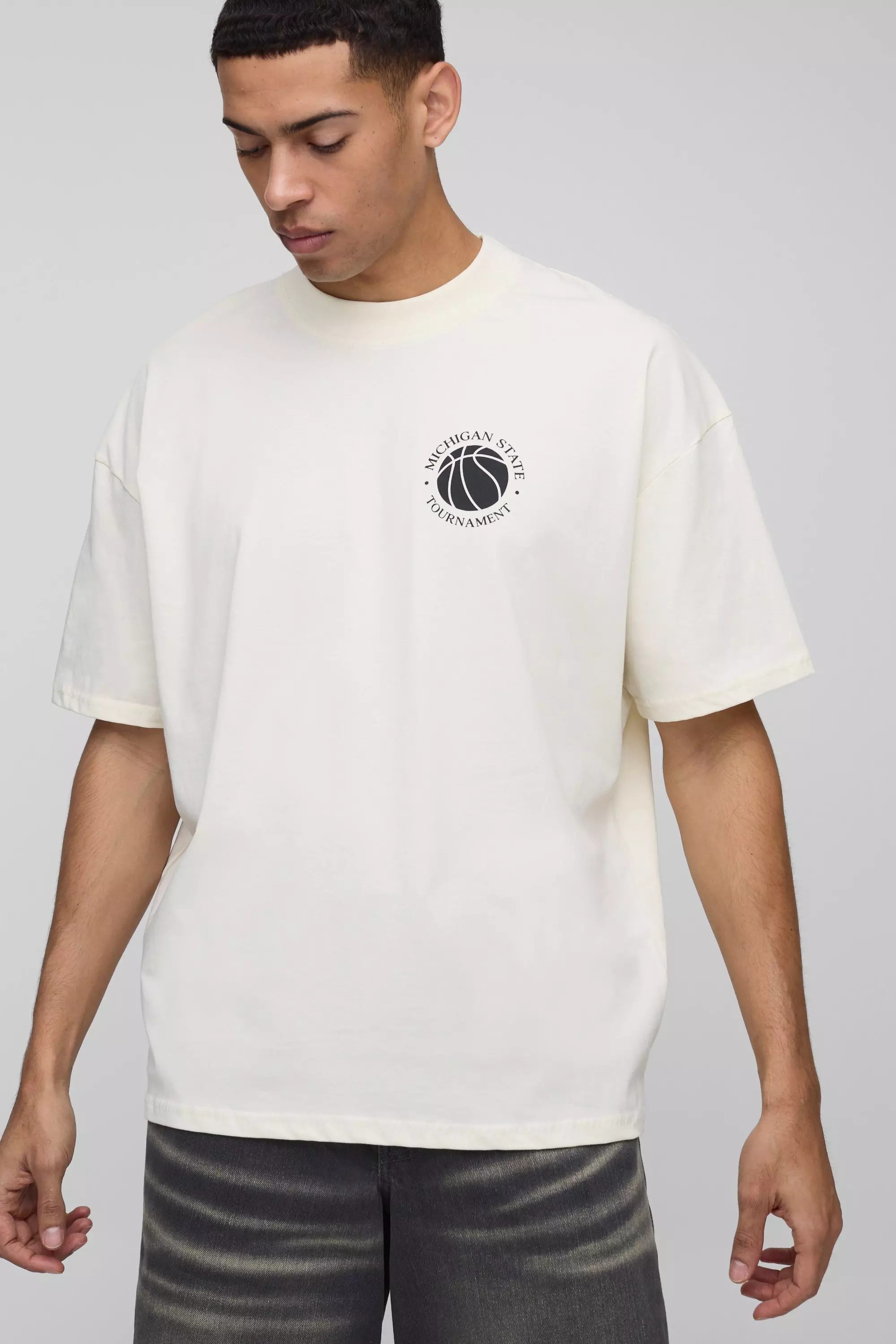 Oversize T-Shirt mit Detroit Basketball-Print, Ecru alternatives Bild