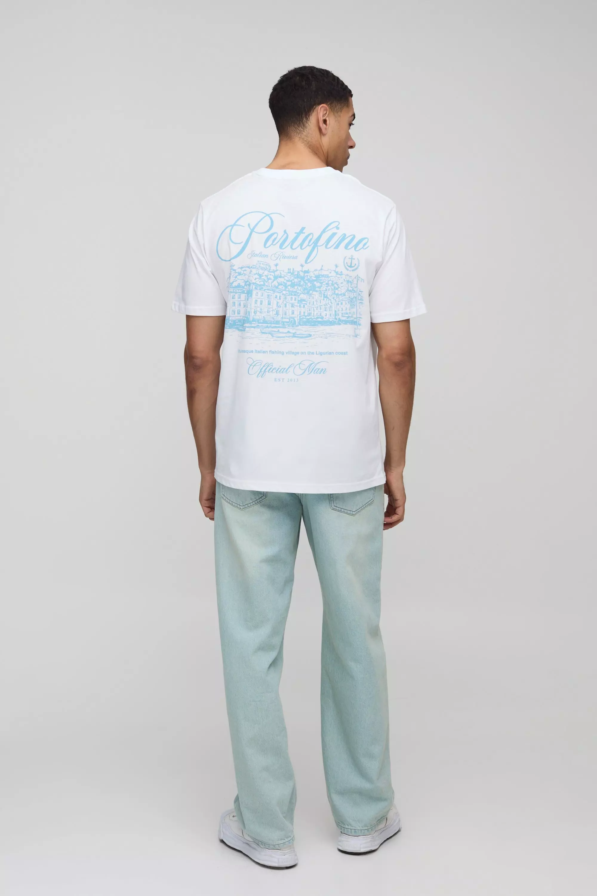 Regular Fit Portofino Landscape Print T-Shirt | boohooMAN USA