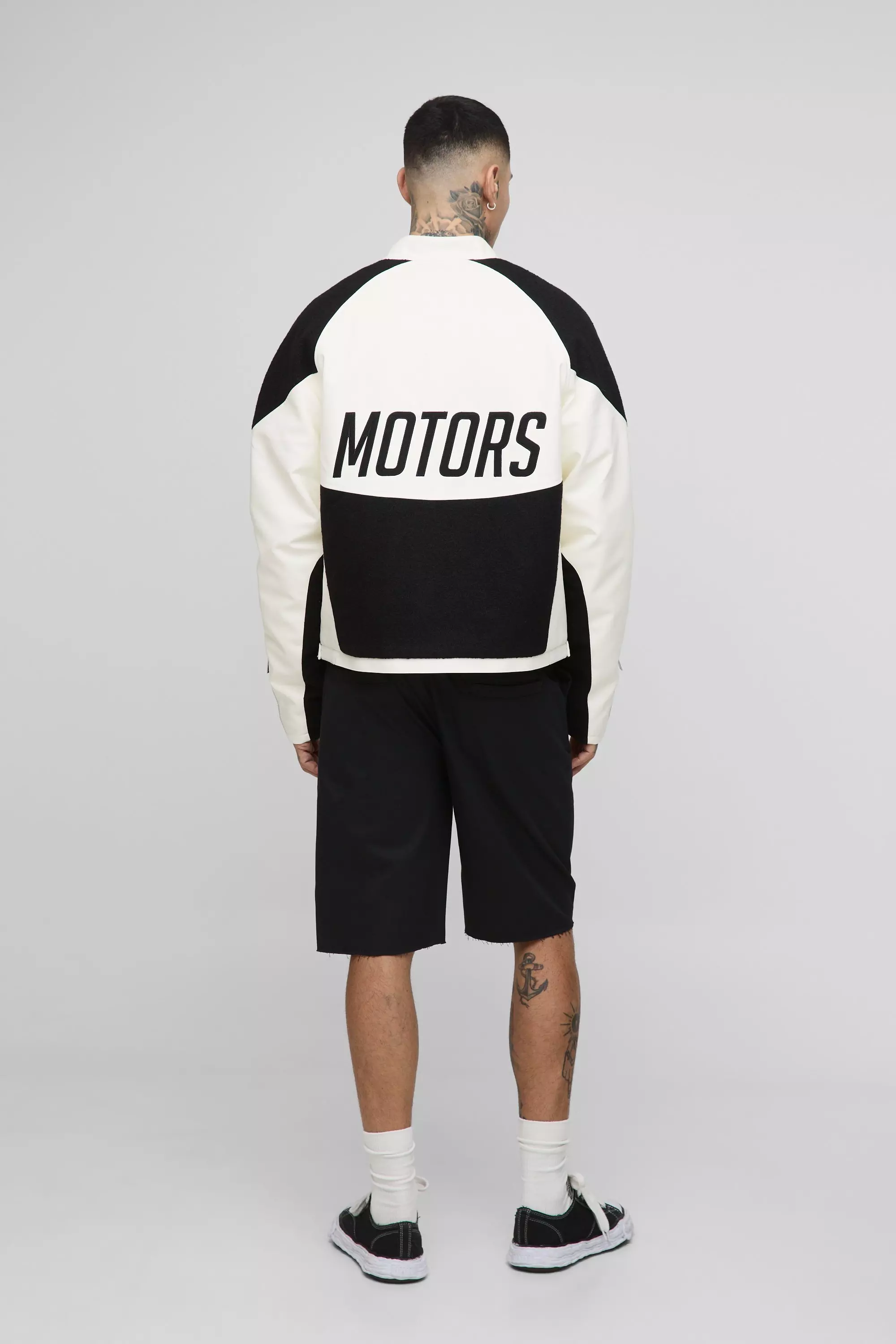 Tall Boxy Pu Contrast Boucle Panel Moto Jacket | boohooMAN USA