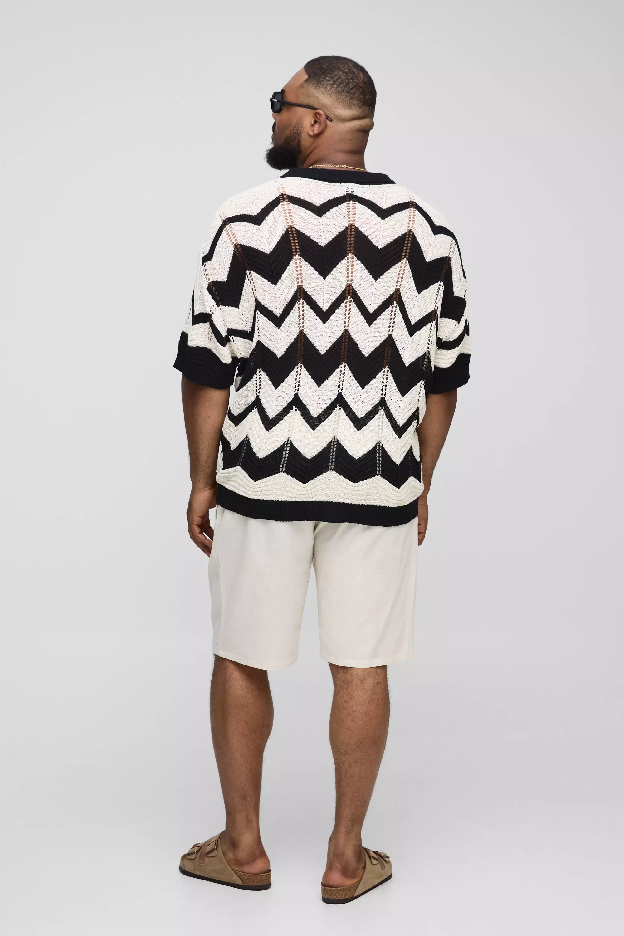 Plus Boxy Oversized Abstract Open Knit Polo | boohooMAN USA