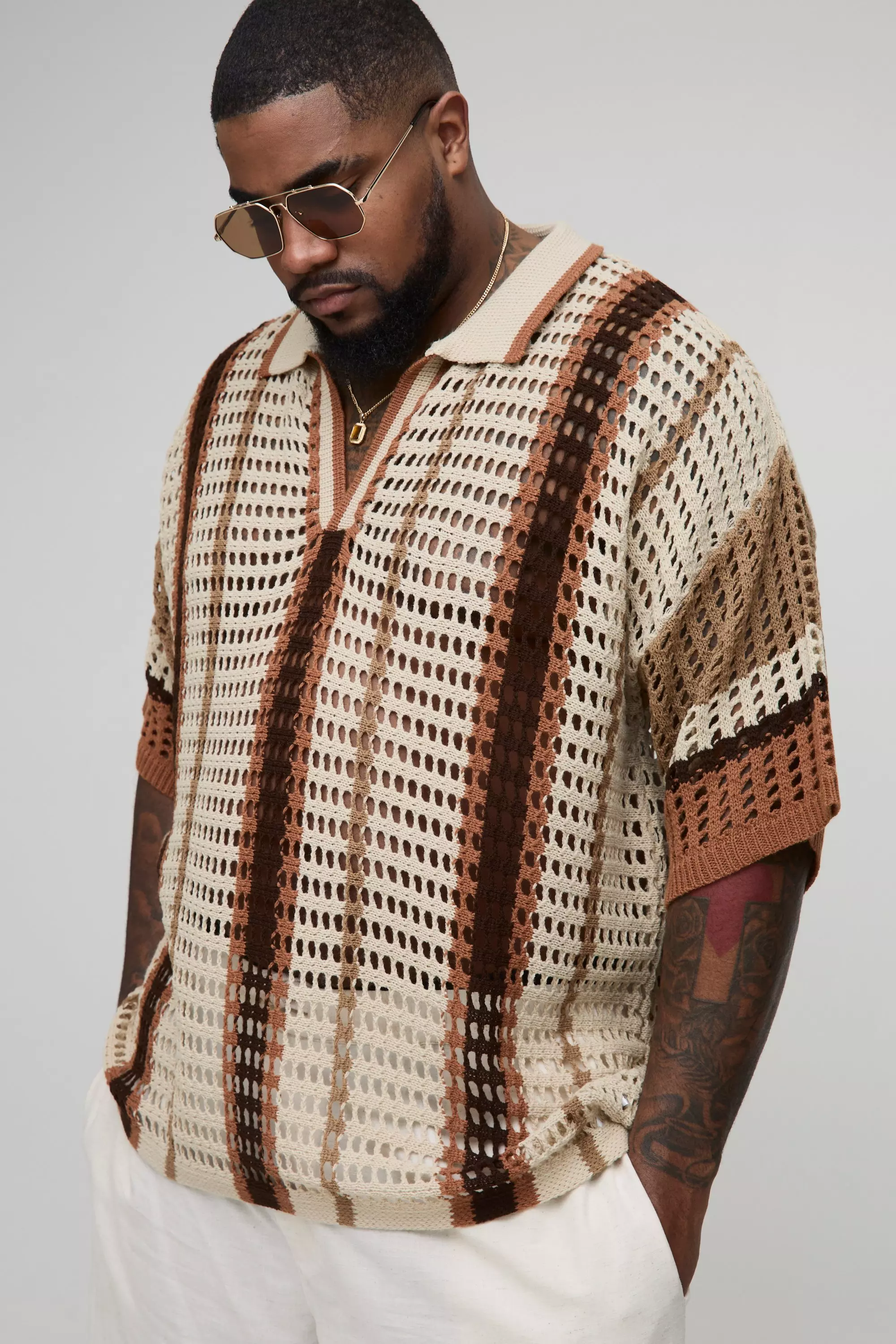 Chocolate Plus Oversized Boxy Stripe Open Knit Polo alternative image