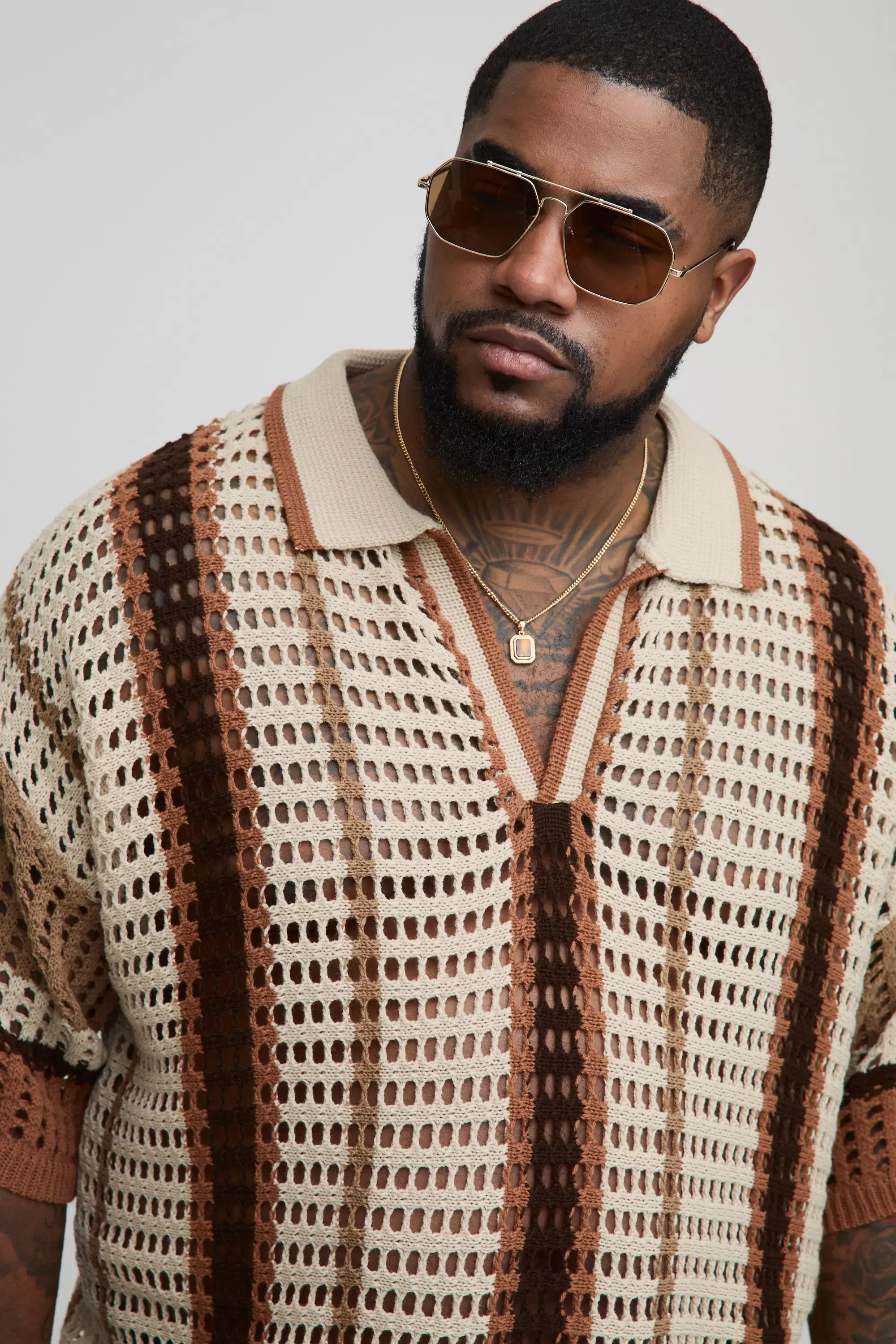 Chocolate Plus Oversized Boxy Stripe Open Knit Polo alternative image