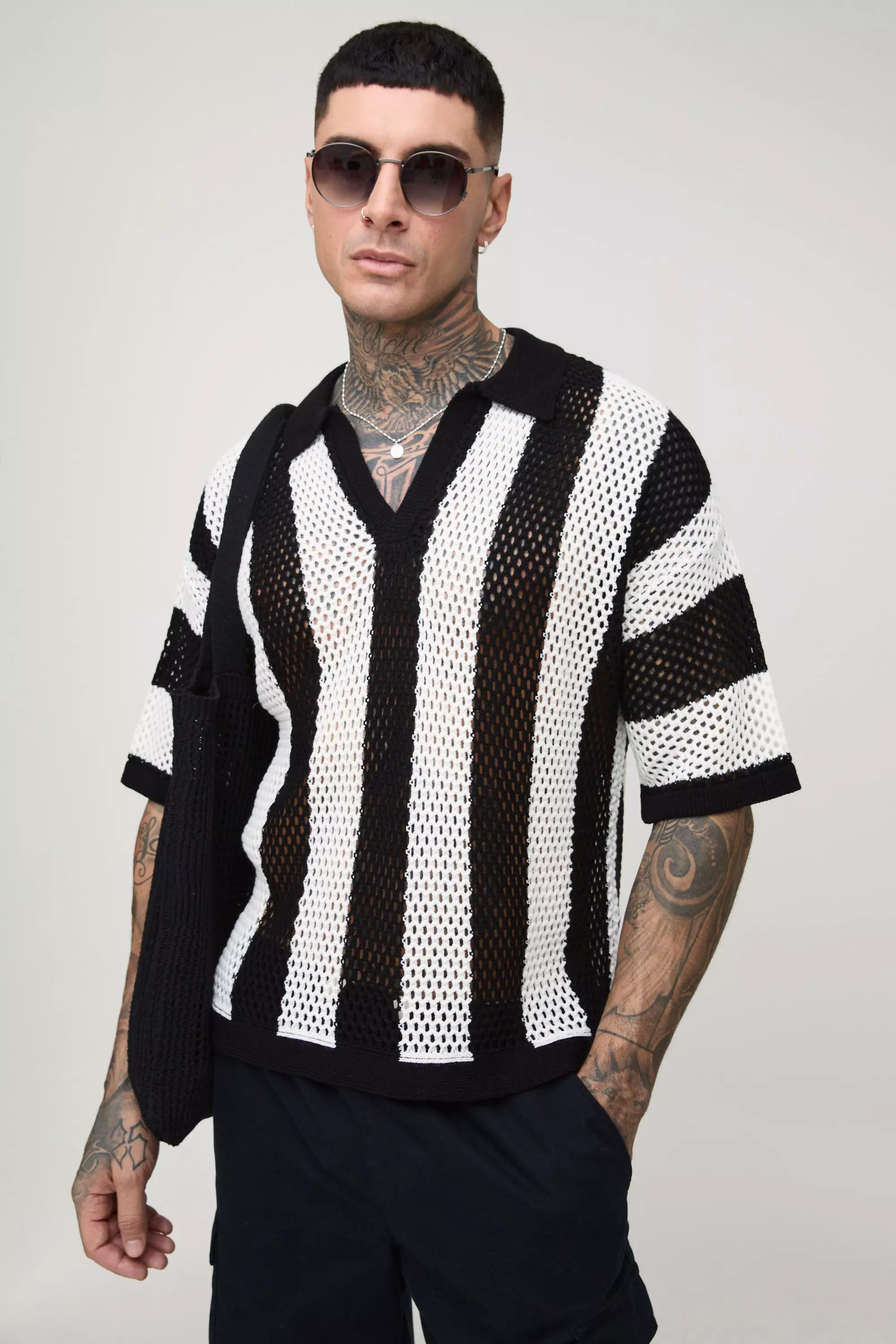 Ecru Tall Oversized Boxy Stripe Knit Polo alternative image