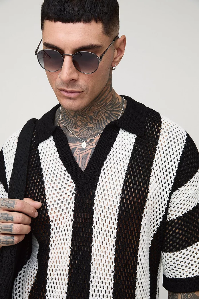 Tall Oversized Boxy Stripe Knit Polo | boohooMAN USA Tall Oversized Boxy Stripe Knit Polo | boohooMAN USA
