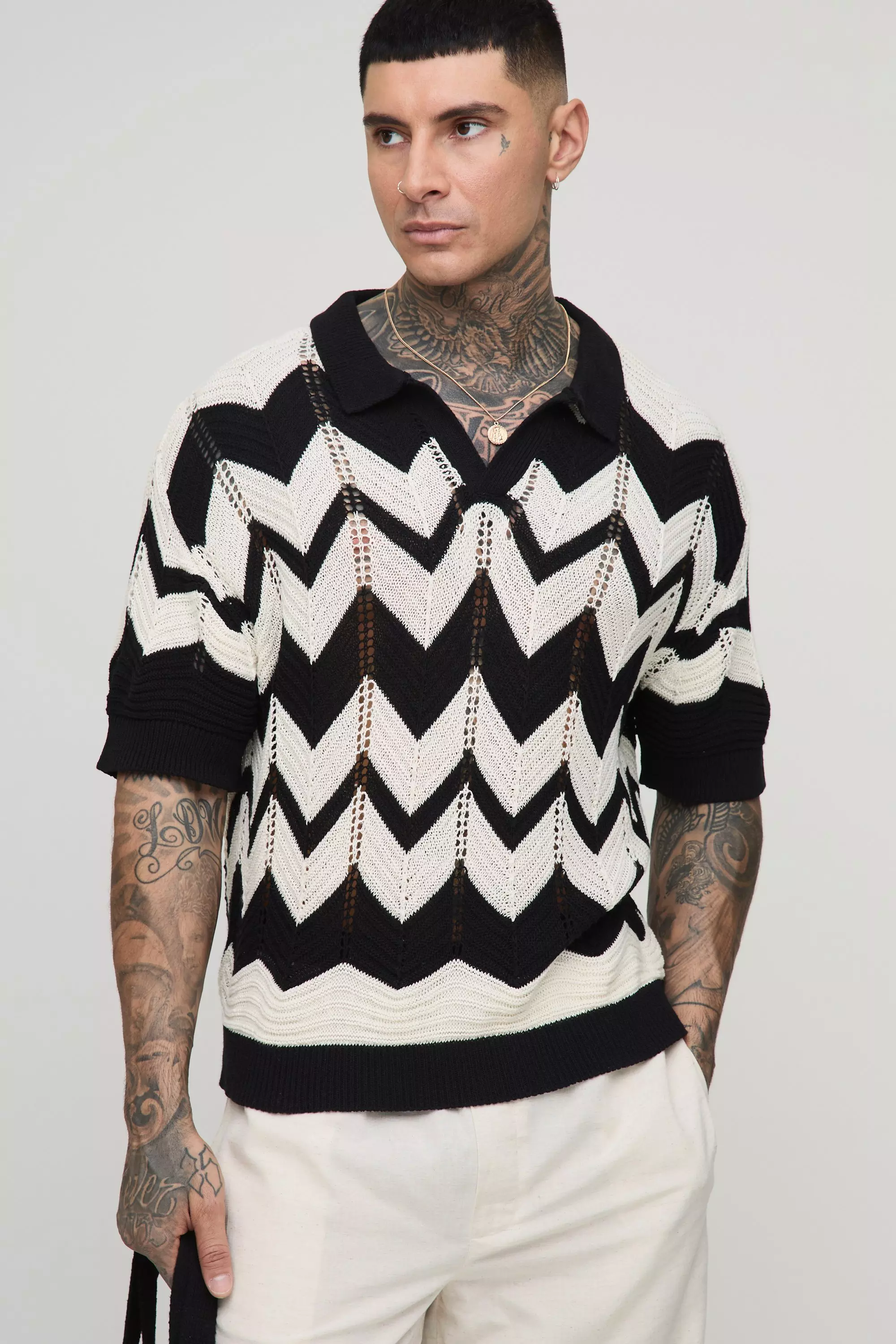Black Tall Boxy Oversized Abstract Open Knit Polo alternative image