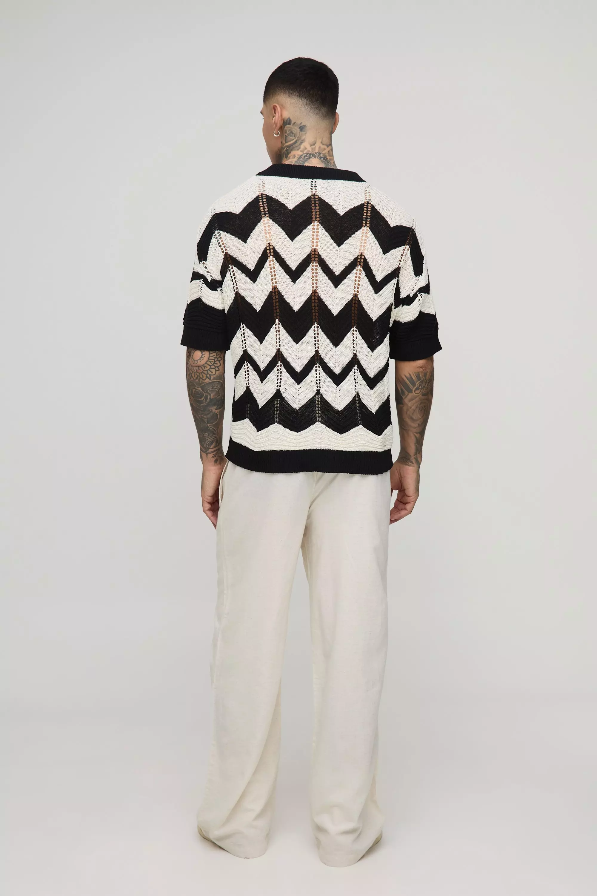 Black Tall Boxy Oversized Abstract Open Knit Polo alternative image