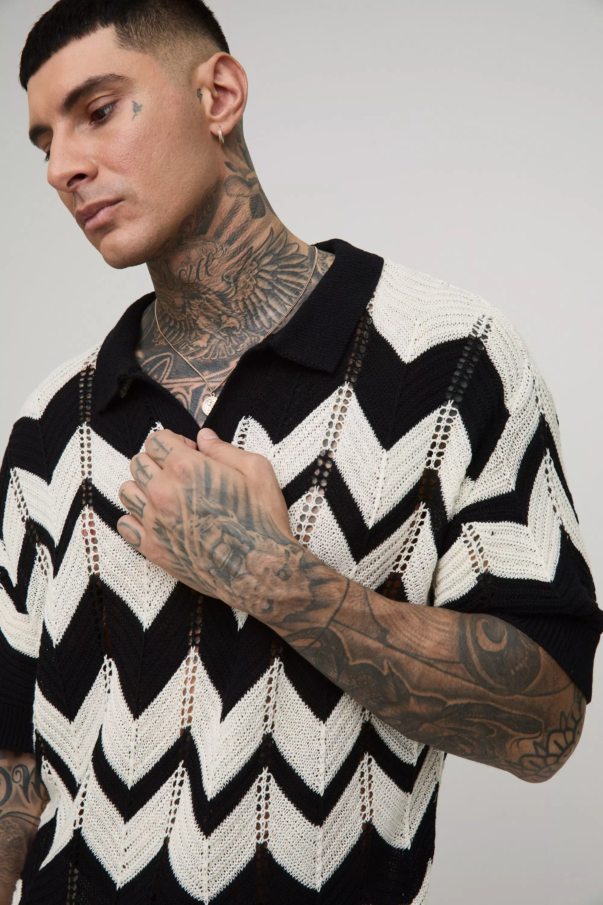 Black Tall Boxy Oversized Abstract Open Knit Polo alternative image