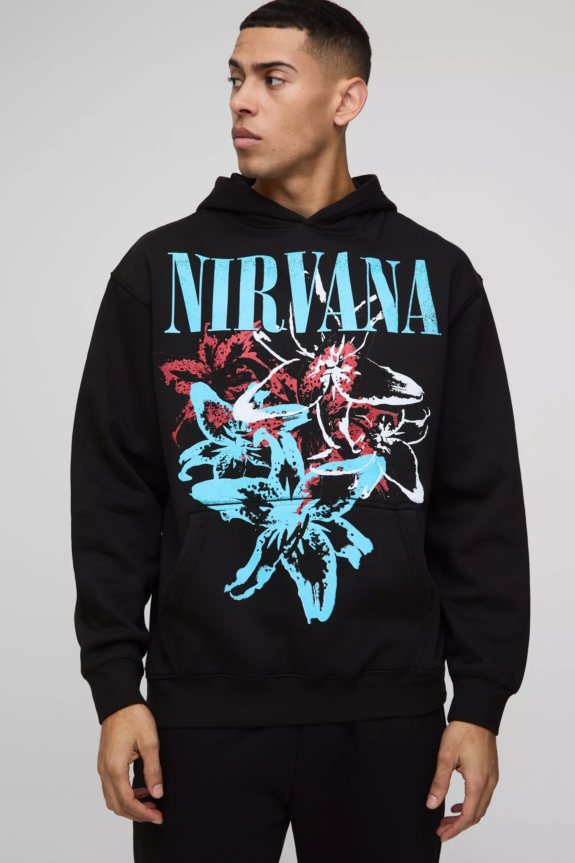 Oversized Nirvana Floral Print License Hoodie | boohooMAN USA