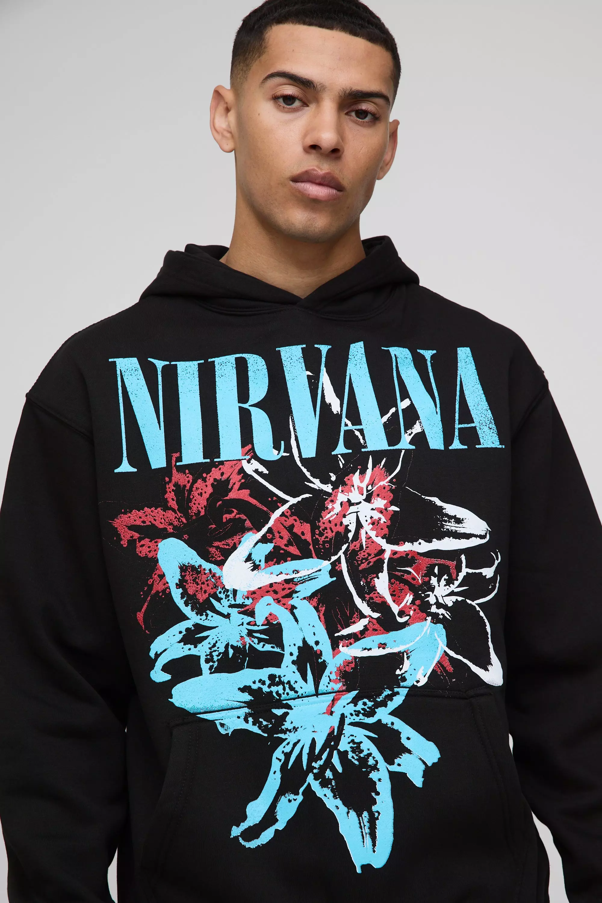 Oversized Nirvana Floral Print License Hoodie | boohooMAN USA