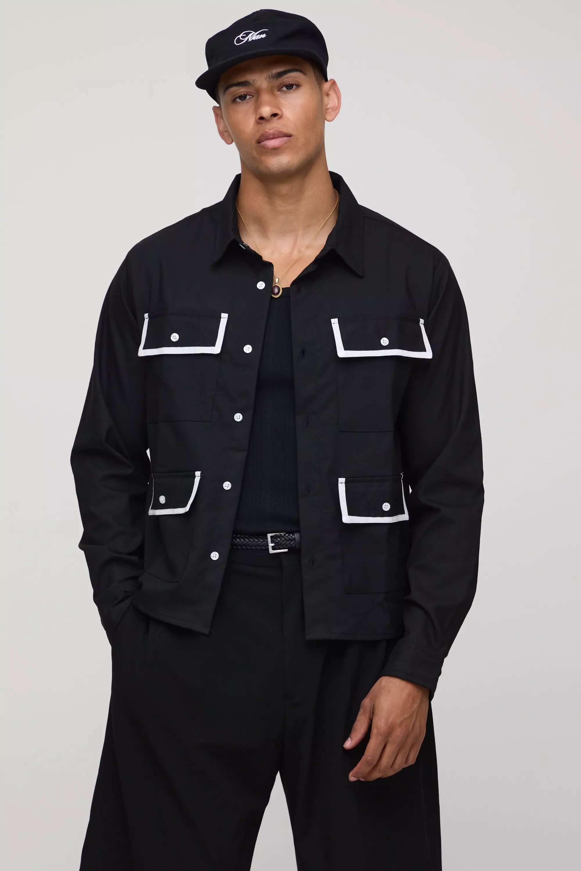 Black Regular Fit Tipped Pocket Harrington Jacket