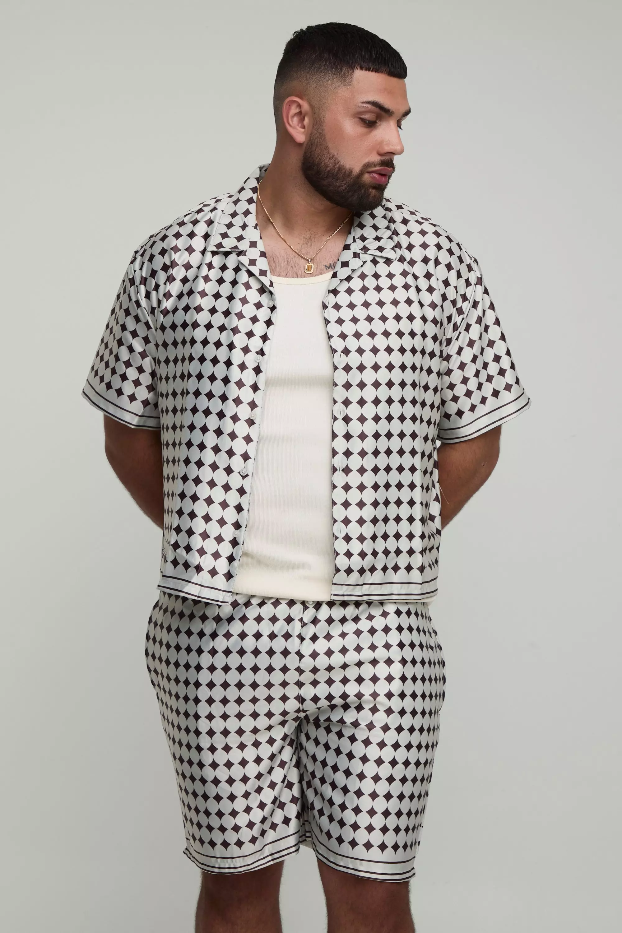 Plus Oversized Boxy Short Sleeve Check Satin Shirt & Short Set Stone