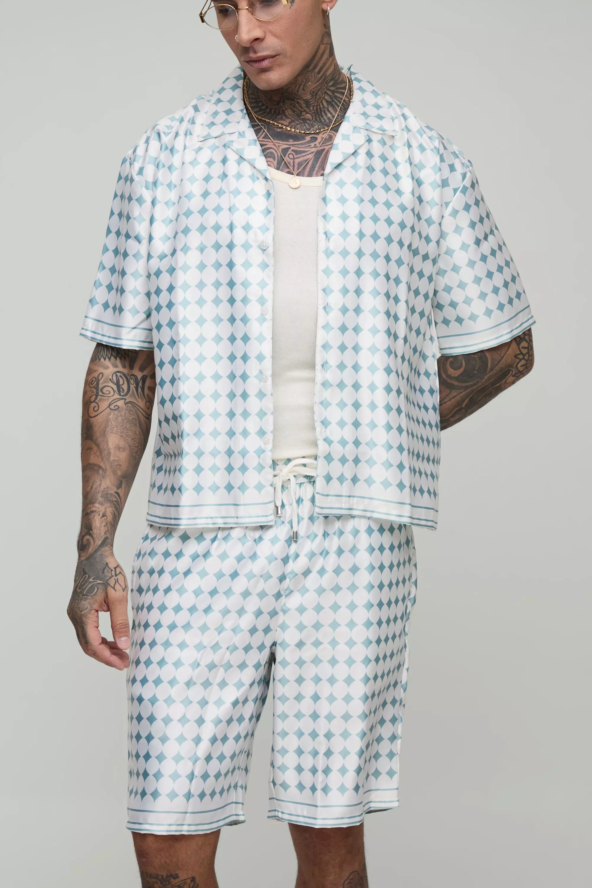 Tall Oversized Boxy Short Sleeve Check Satin Shirt & Short Set Sage