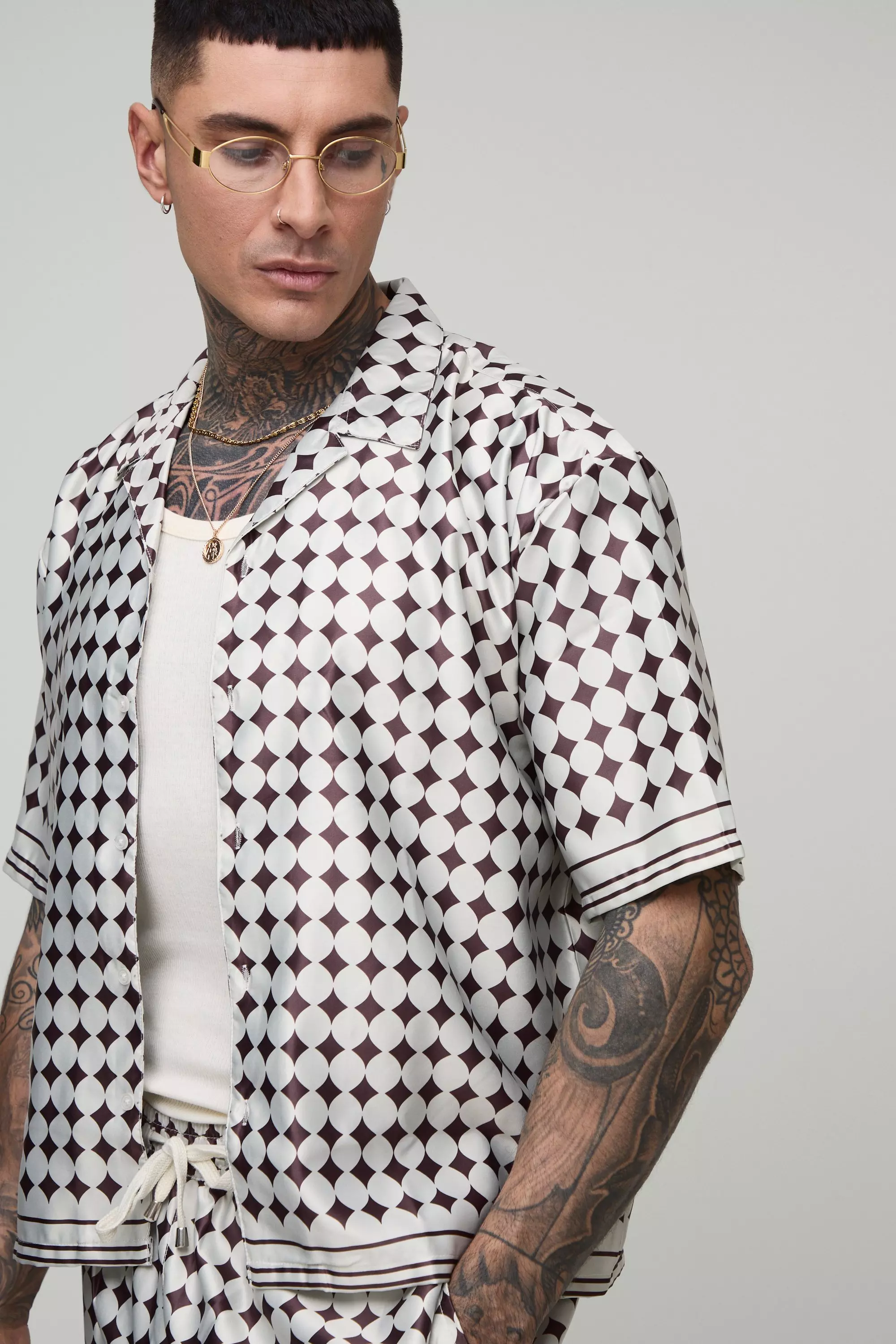 Tall Oversized Boxy Short Sleeve Check Satin Shirt & Short Set | boohooMAN USA