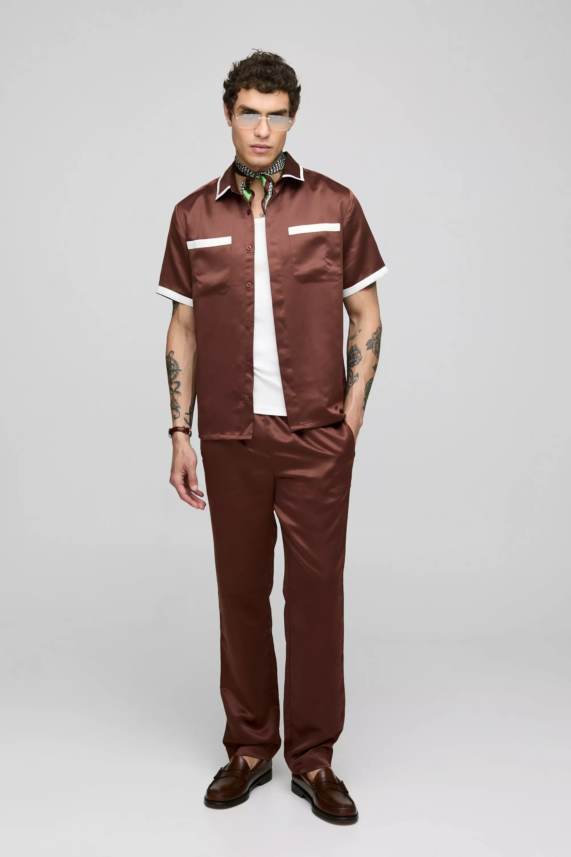 Regular Short Sleeve Contrast Panel Satin Shirt & Straight Fit Trouser Set Brown