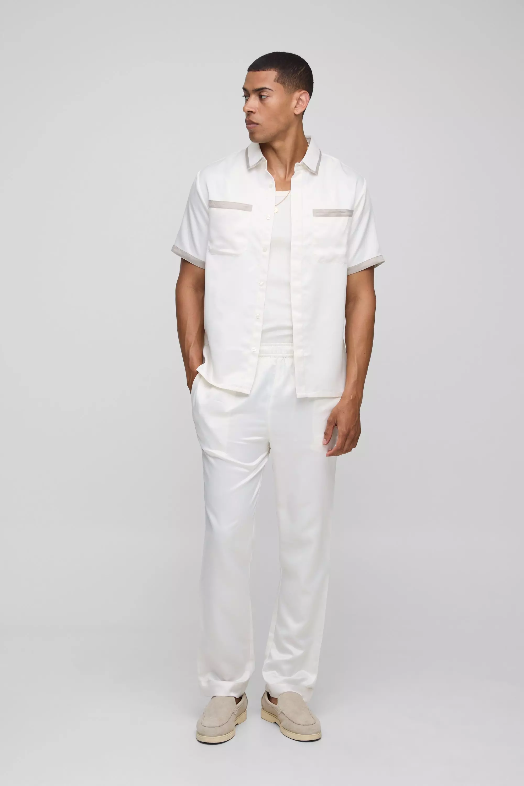 Regular Short Sleeve Contrast Panel Satin Shirt & Straight Fit Trouser Set Stone