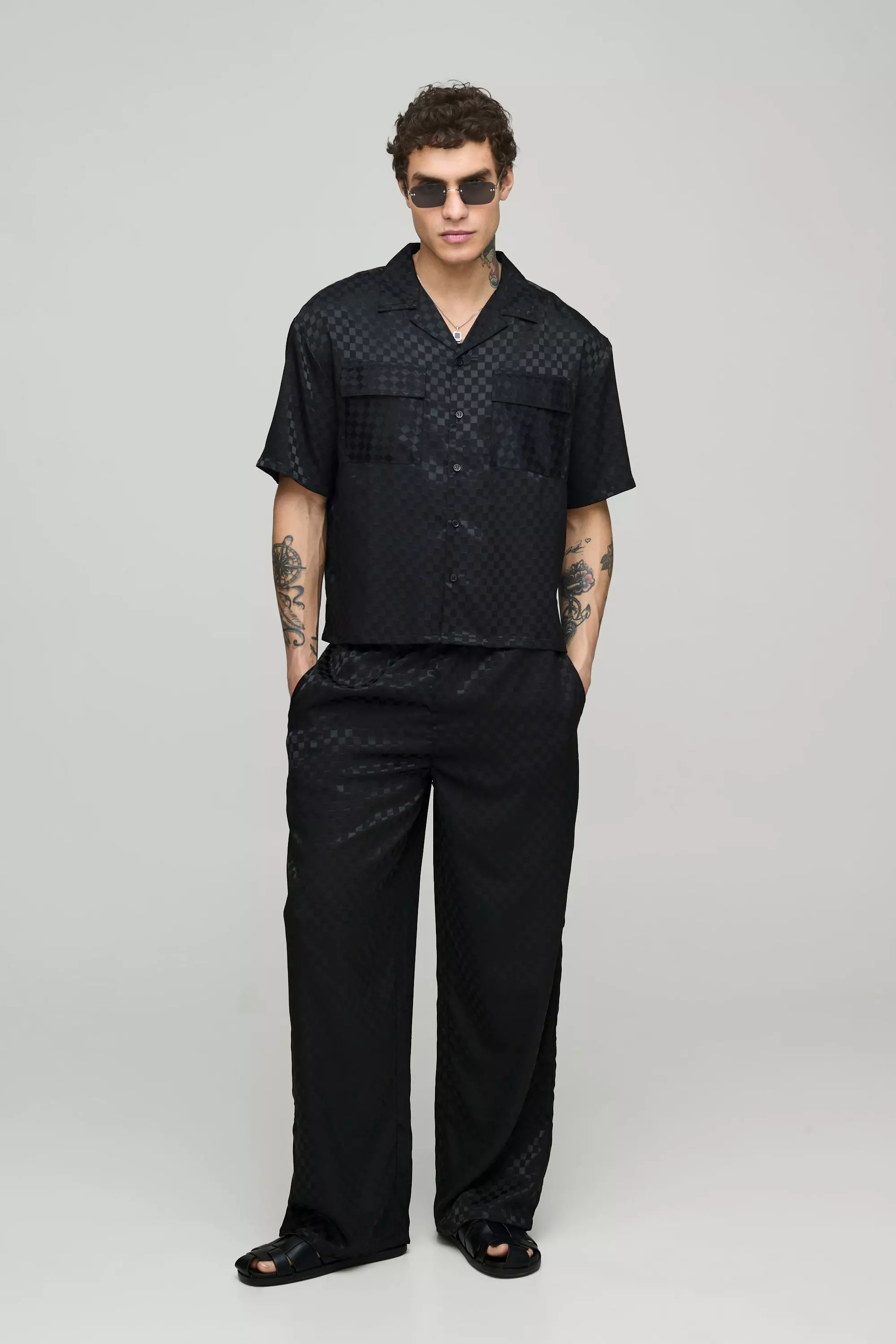 Black Oversized Short Sleeve Checkerboard Satin Shirt & Wide Leg Trouser Set