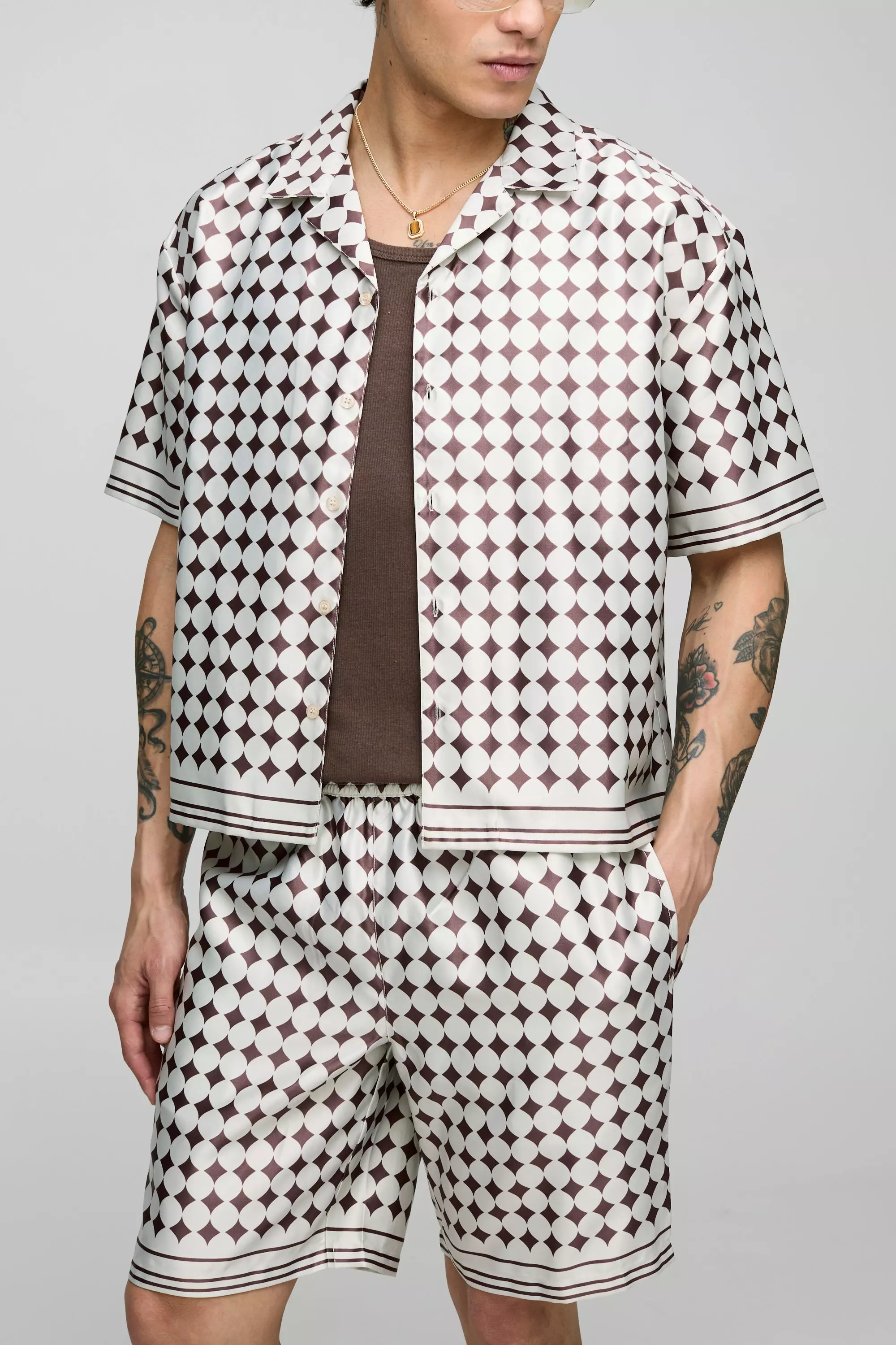Oversized Boxy Short Sleeve Check Satin Shirt & Short Set Stone