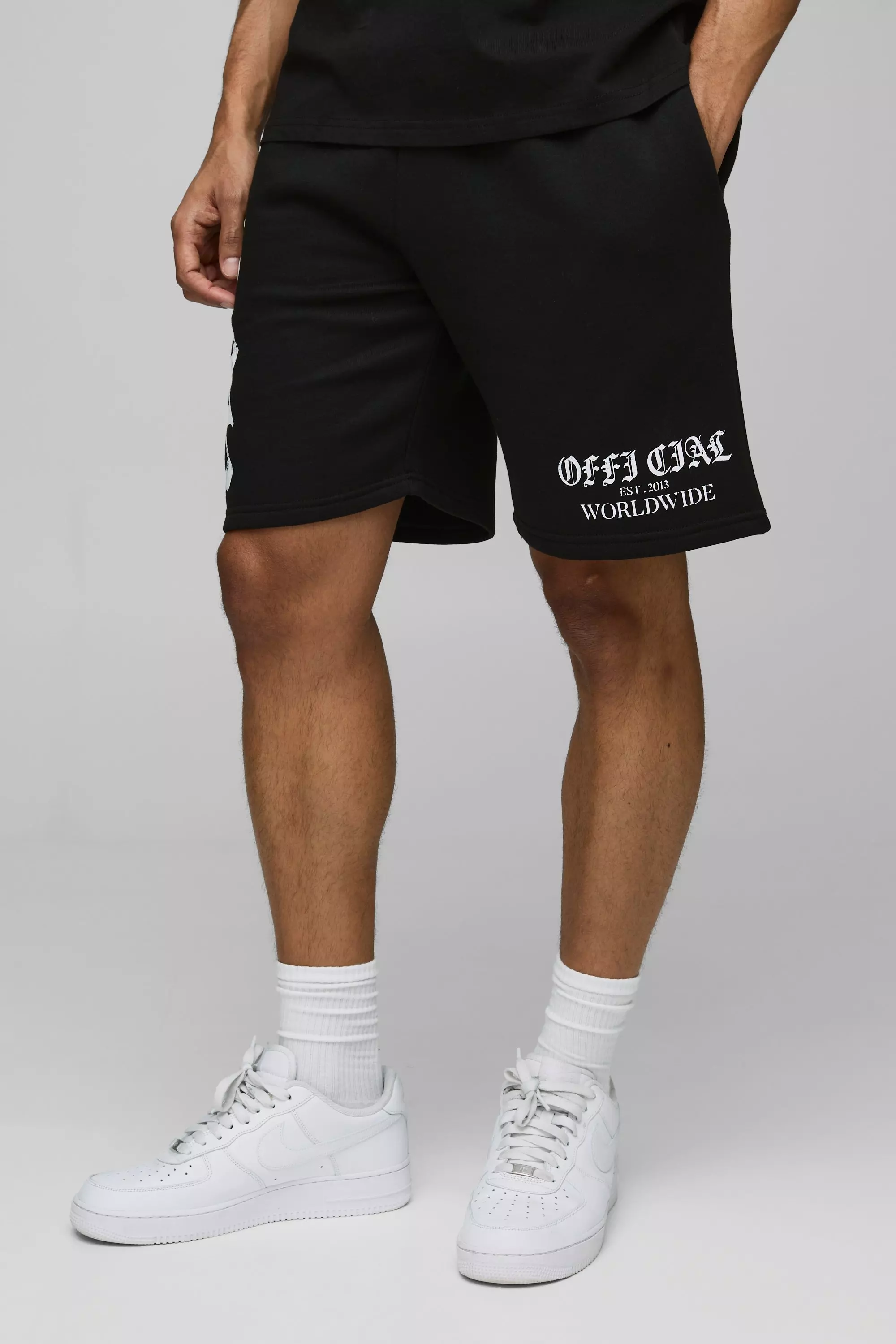 Relaxed Fit Official Slogan Mid Length Shorts Black