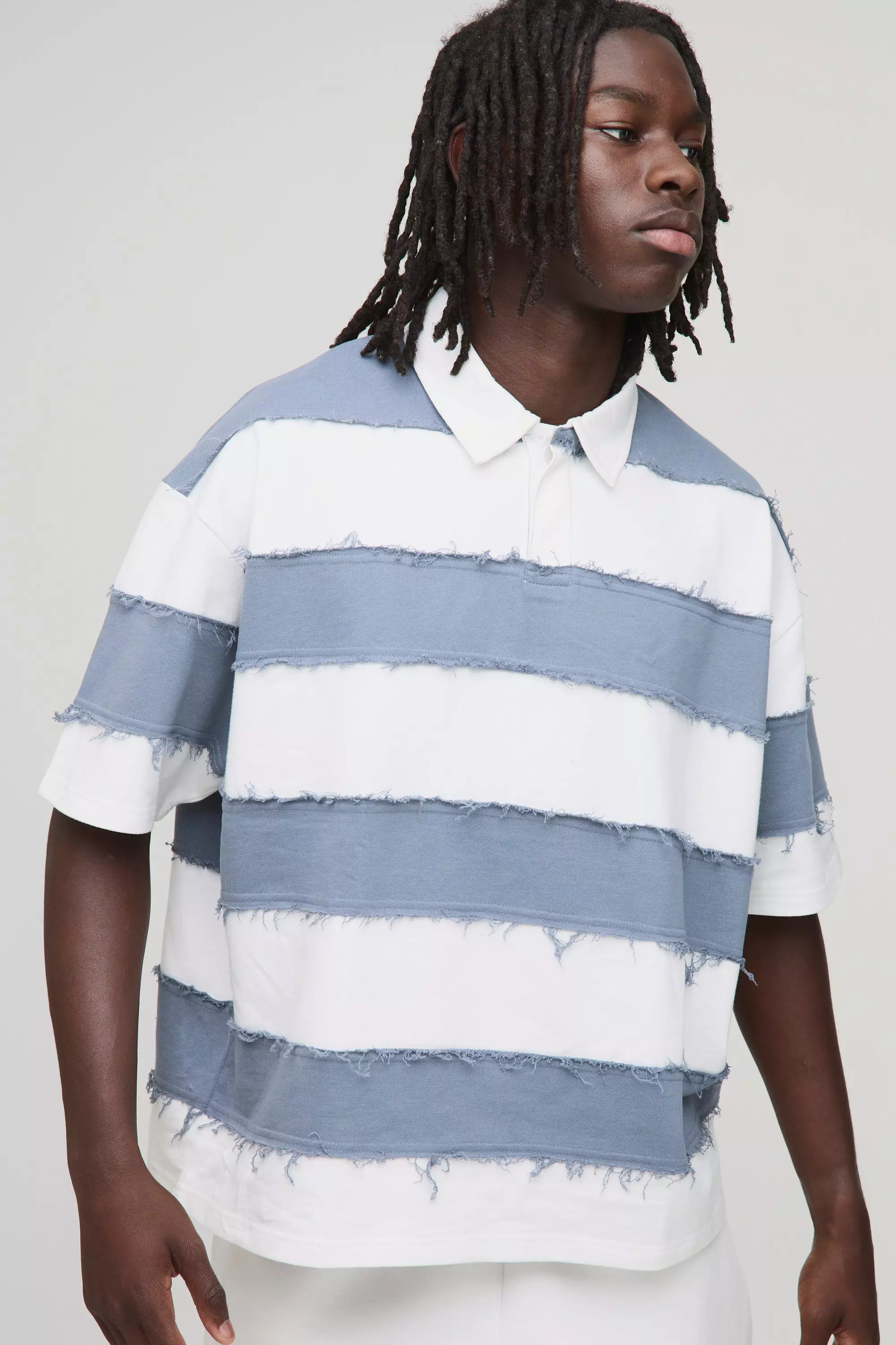 Blue Oversized Boxy Distressed Short Sleeve Rugby Polo