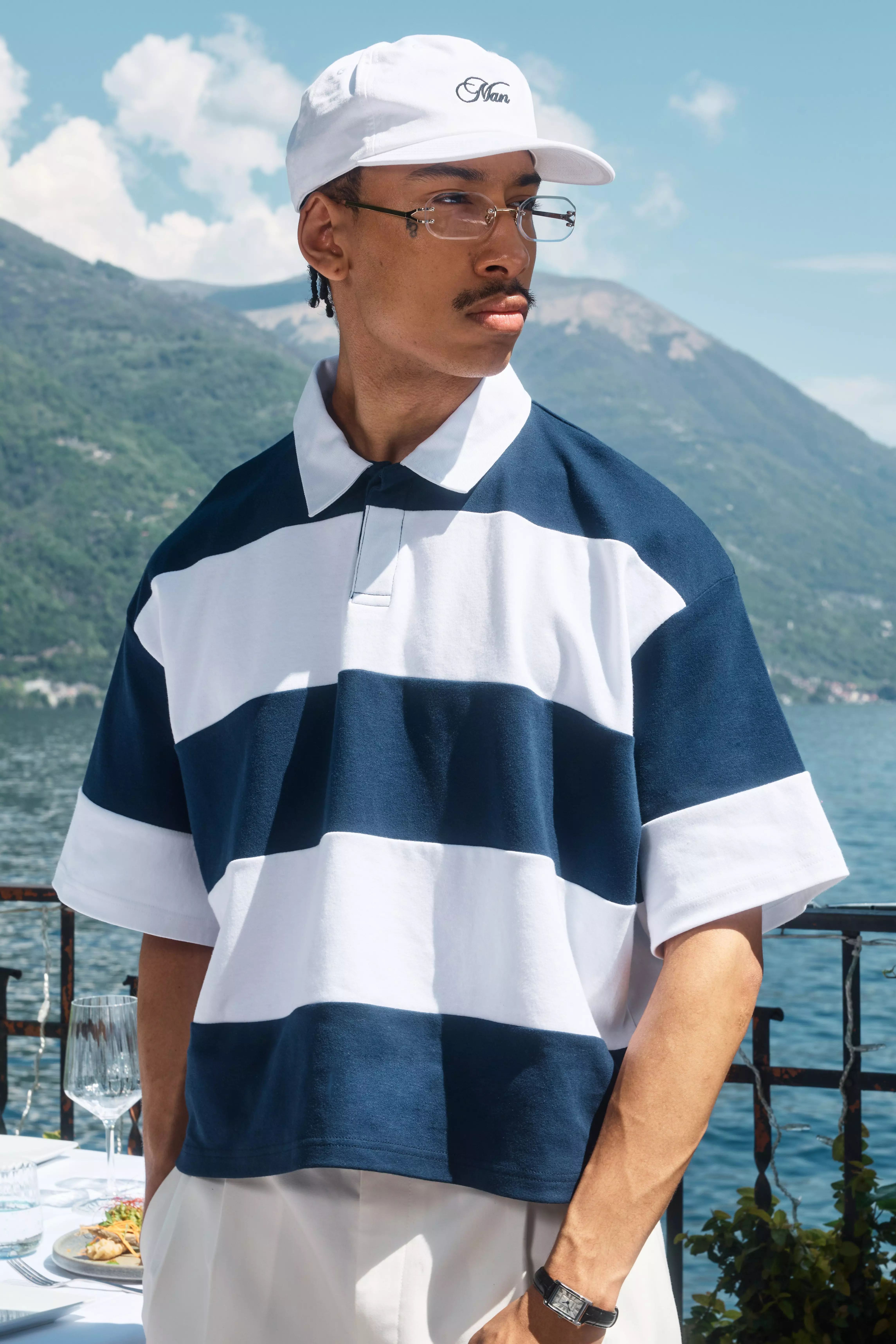 Oversized Boxy Stripe Interlock Short Sleeve Rugby Polo Navy