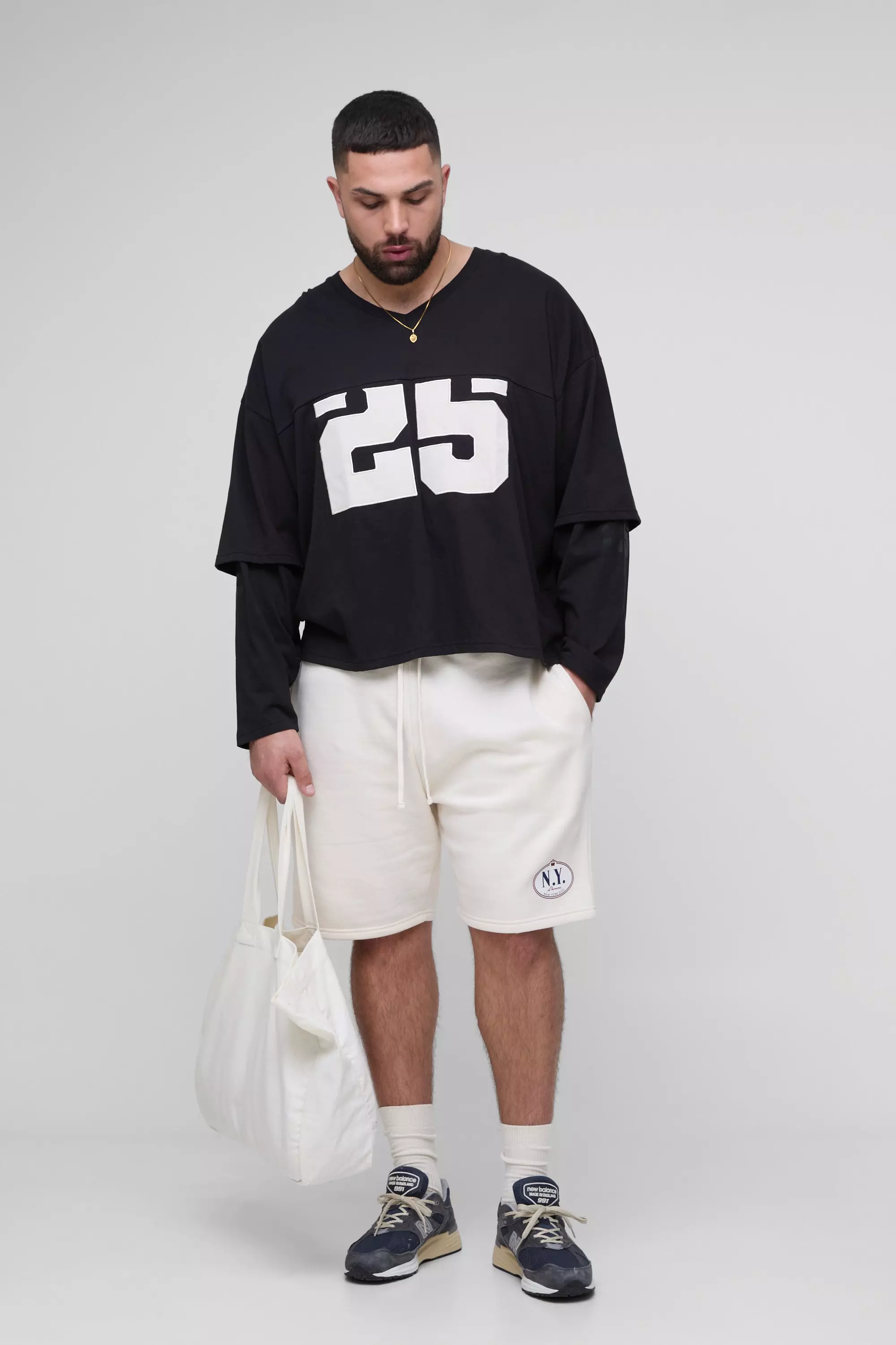 Plus Oversized Boxy Varsity Applique Faux Layer Long Sleeve T-Shirt | boohooMAN USA