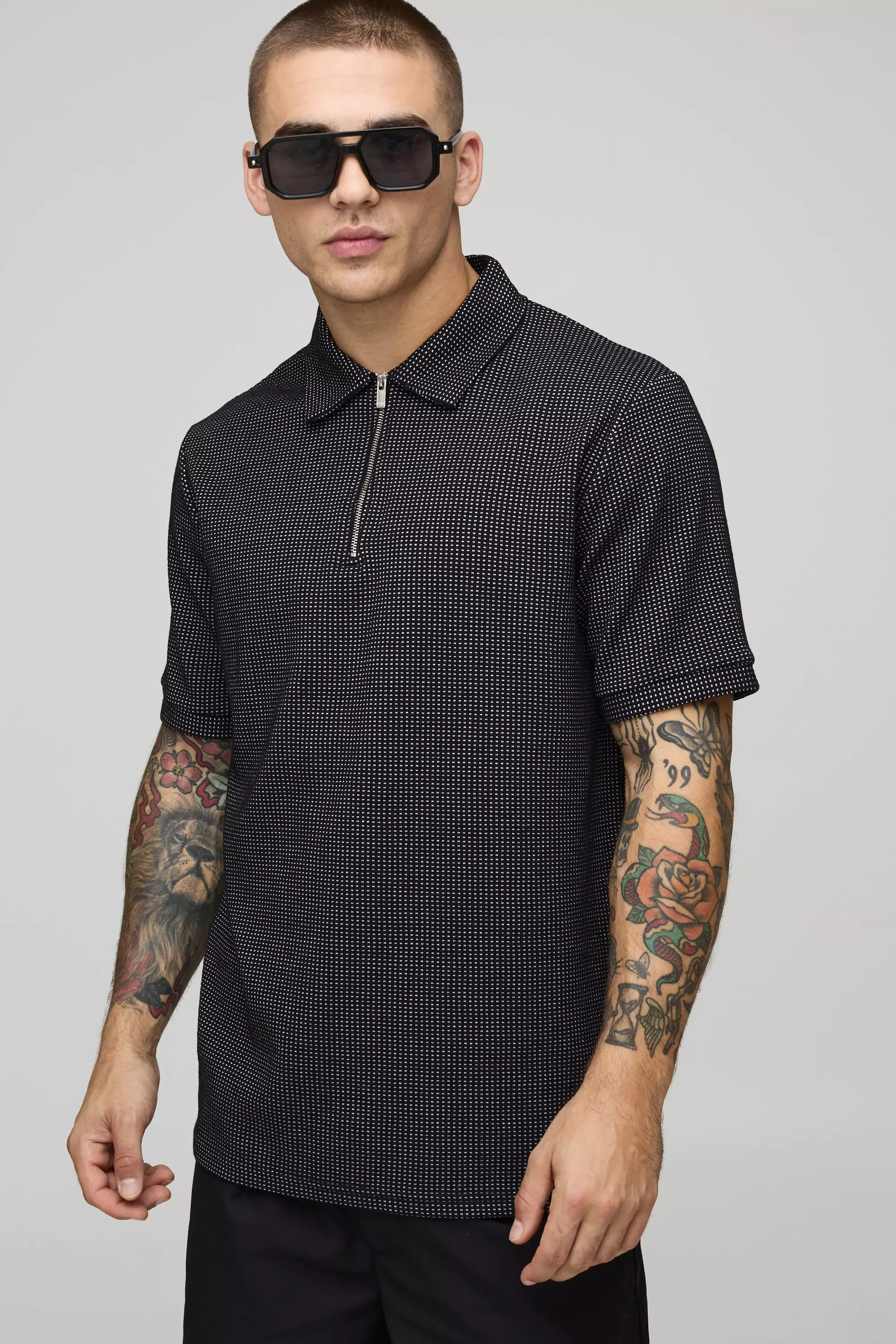 Black Regular Fit Contrast Waffle Zip Neck Polo alternative image