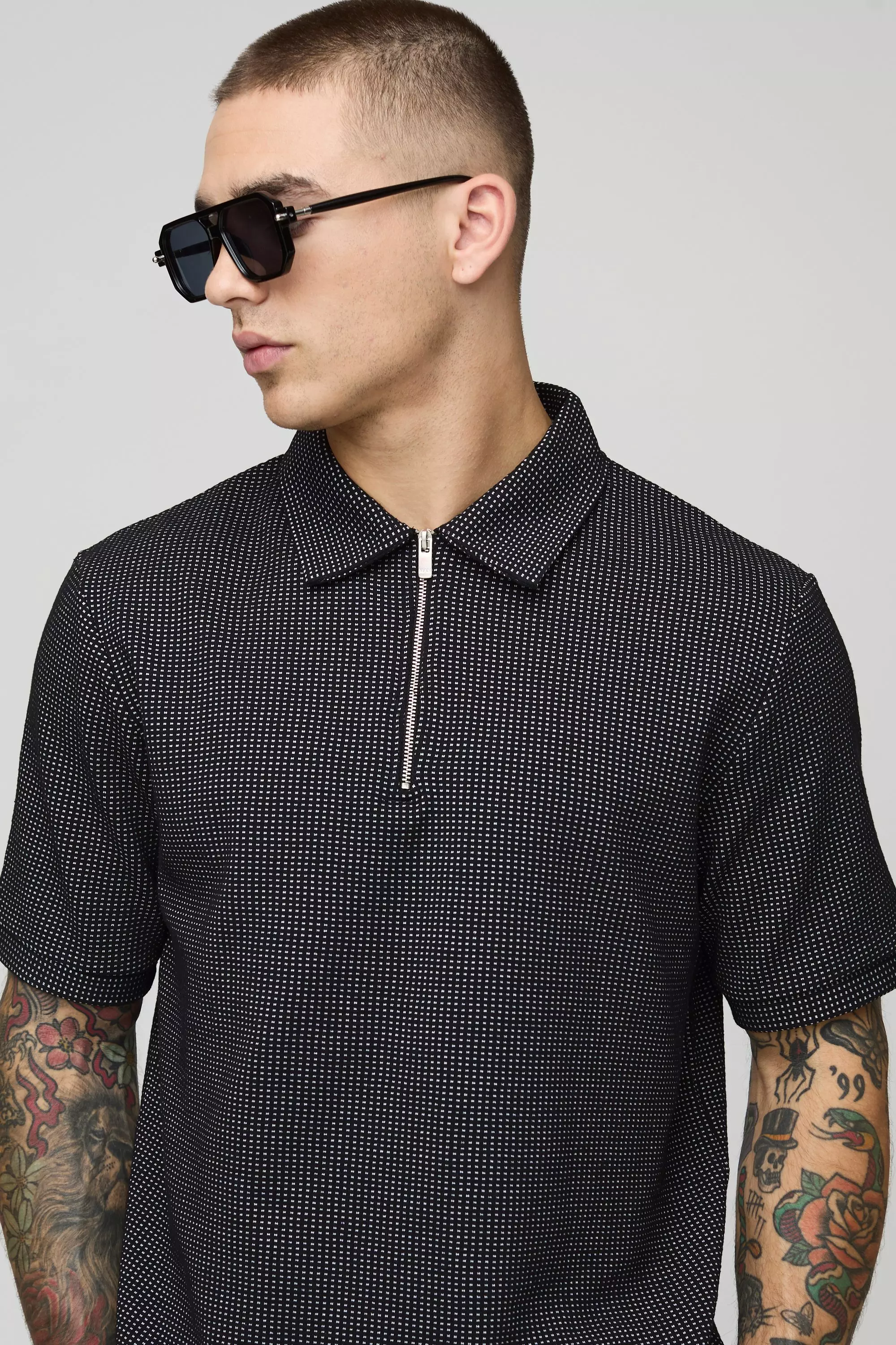 Black Regular Fit Contrast Waffle Zip Neck Polo alternative image