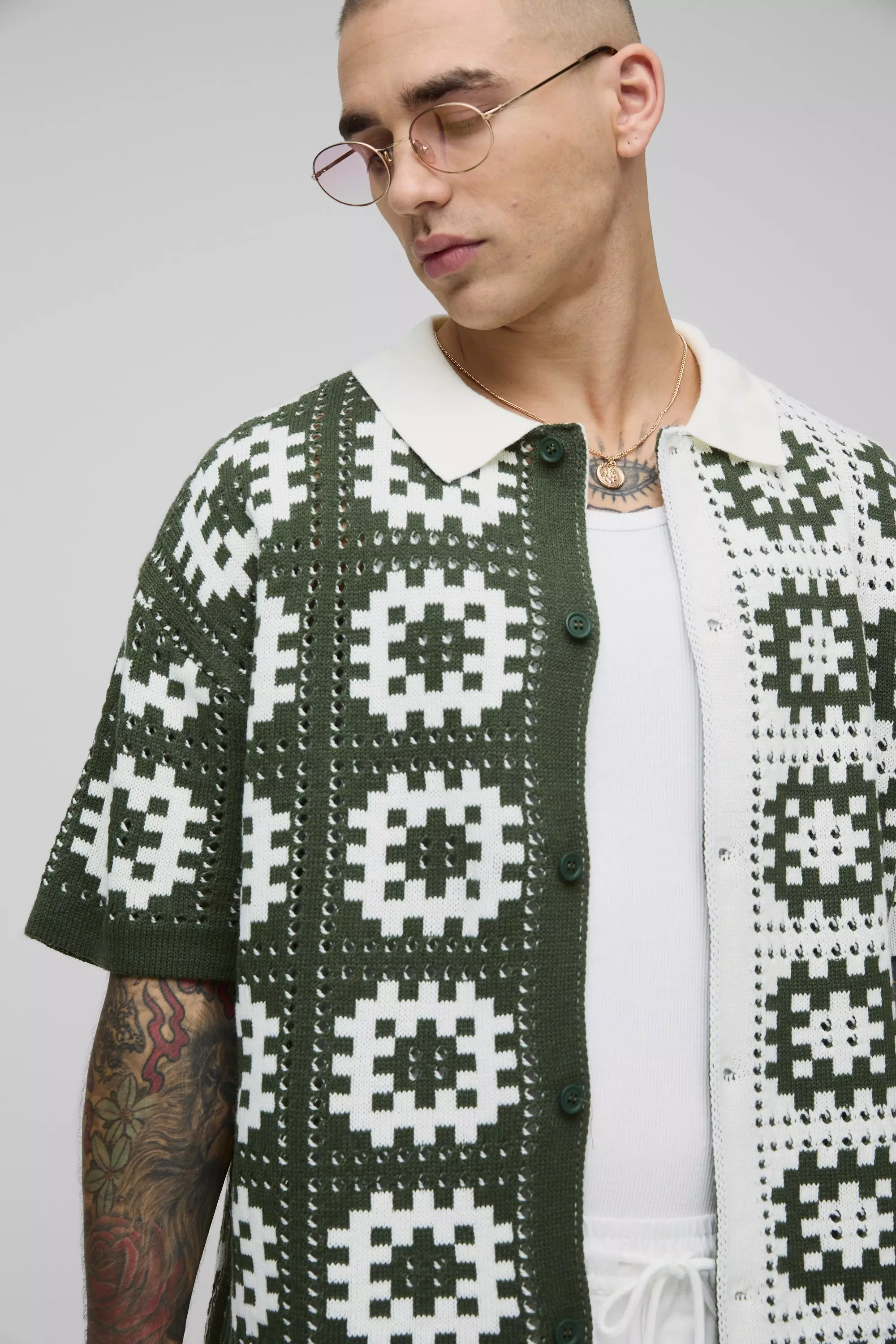 Crochet Square Knitted Shirt and Short Set | boohooMAN USA
