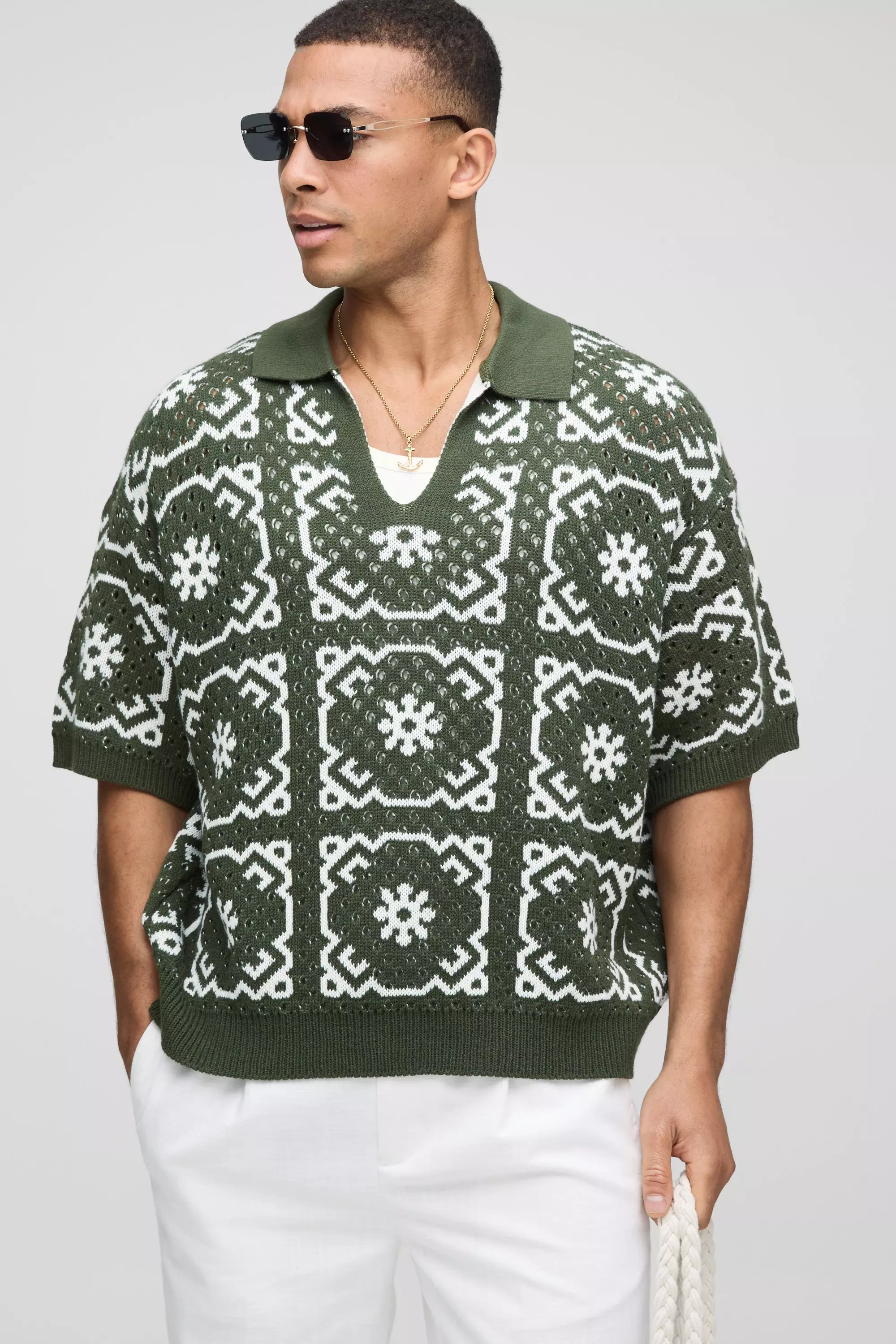 Kastiges Oversize Häkel-Poloshirt, Forest alternatives Bild