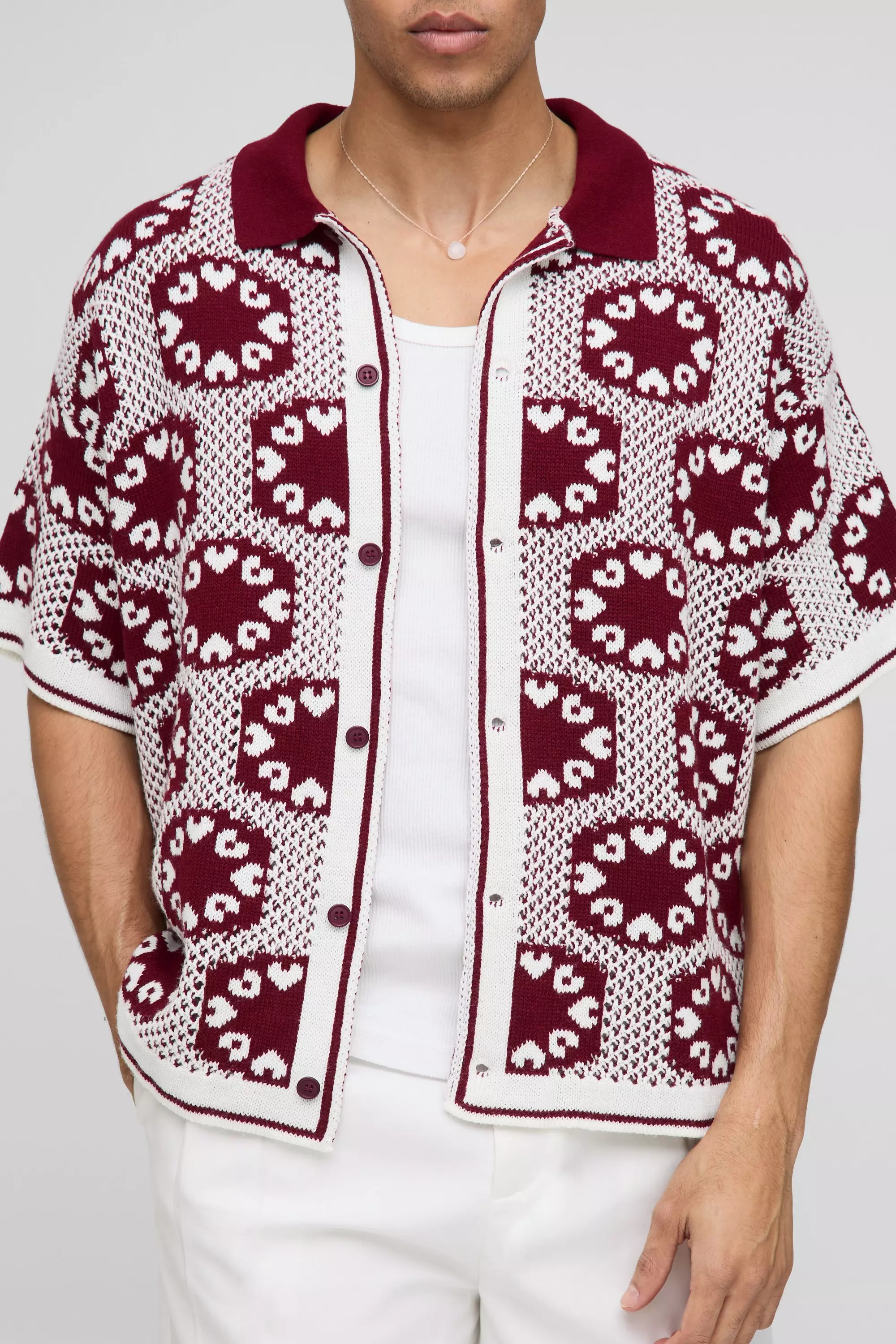 Red Oversized Boxy Crochet Knitted Shirt alternative image