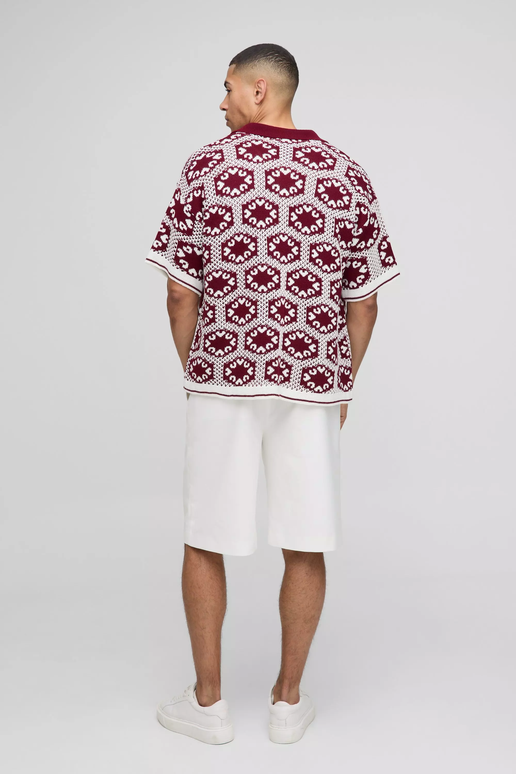 Red Oversized Boxy Crochet Knitted Shirt alternative image