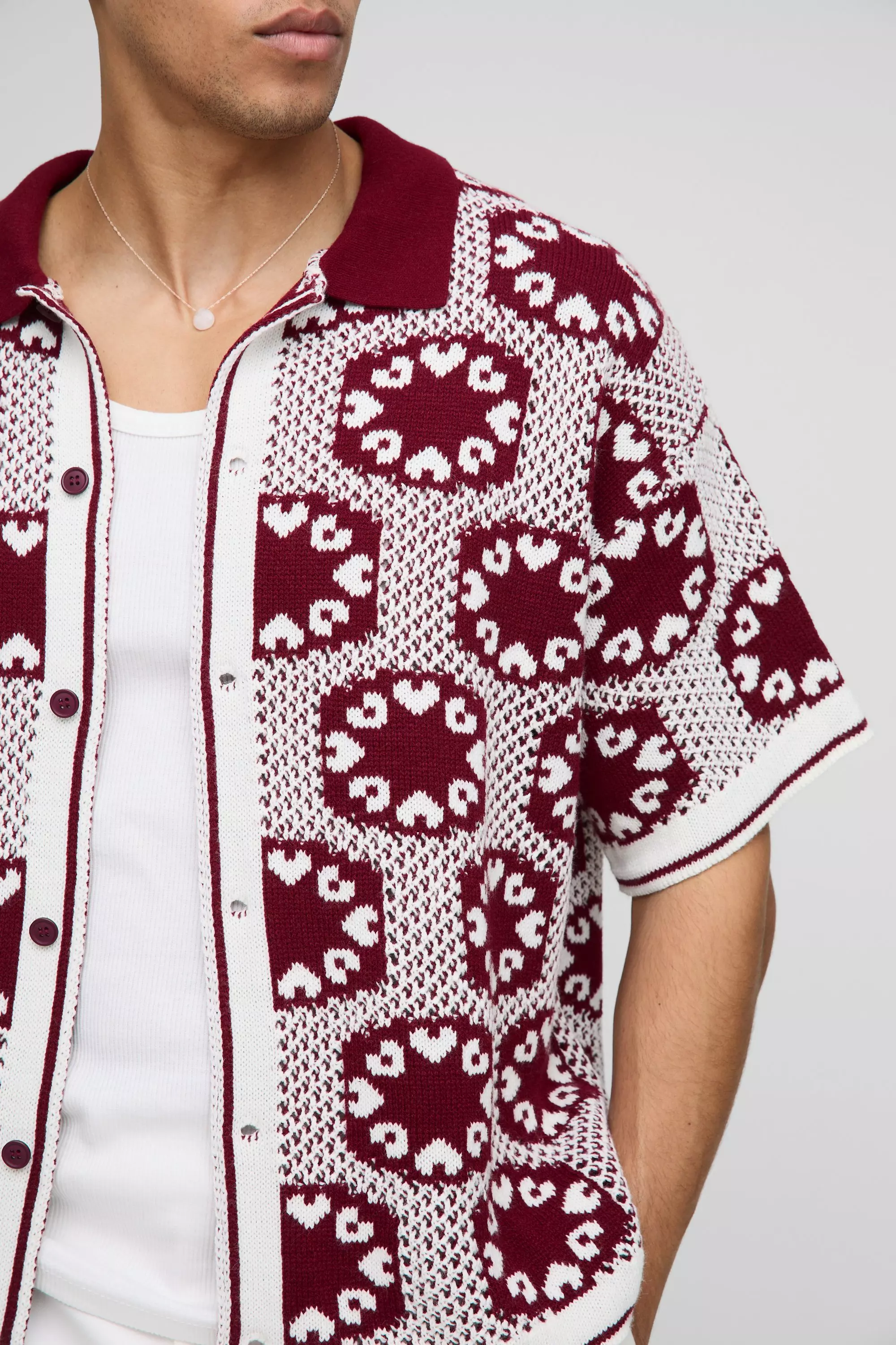 Red Oversized Boxy Crochet Knitted Shirt alternative image