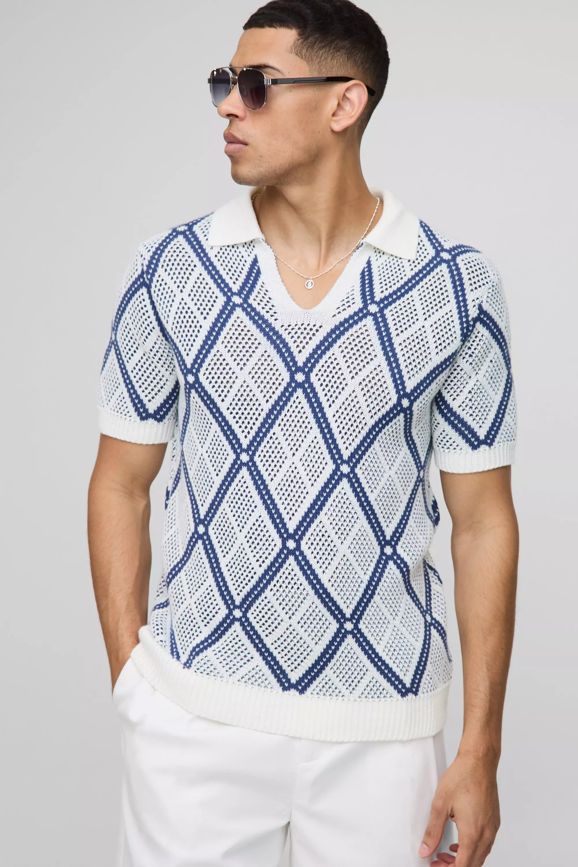 Navy Regular Fit Crochet Knitted Polo alternative image