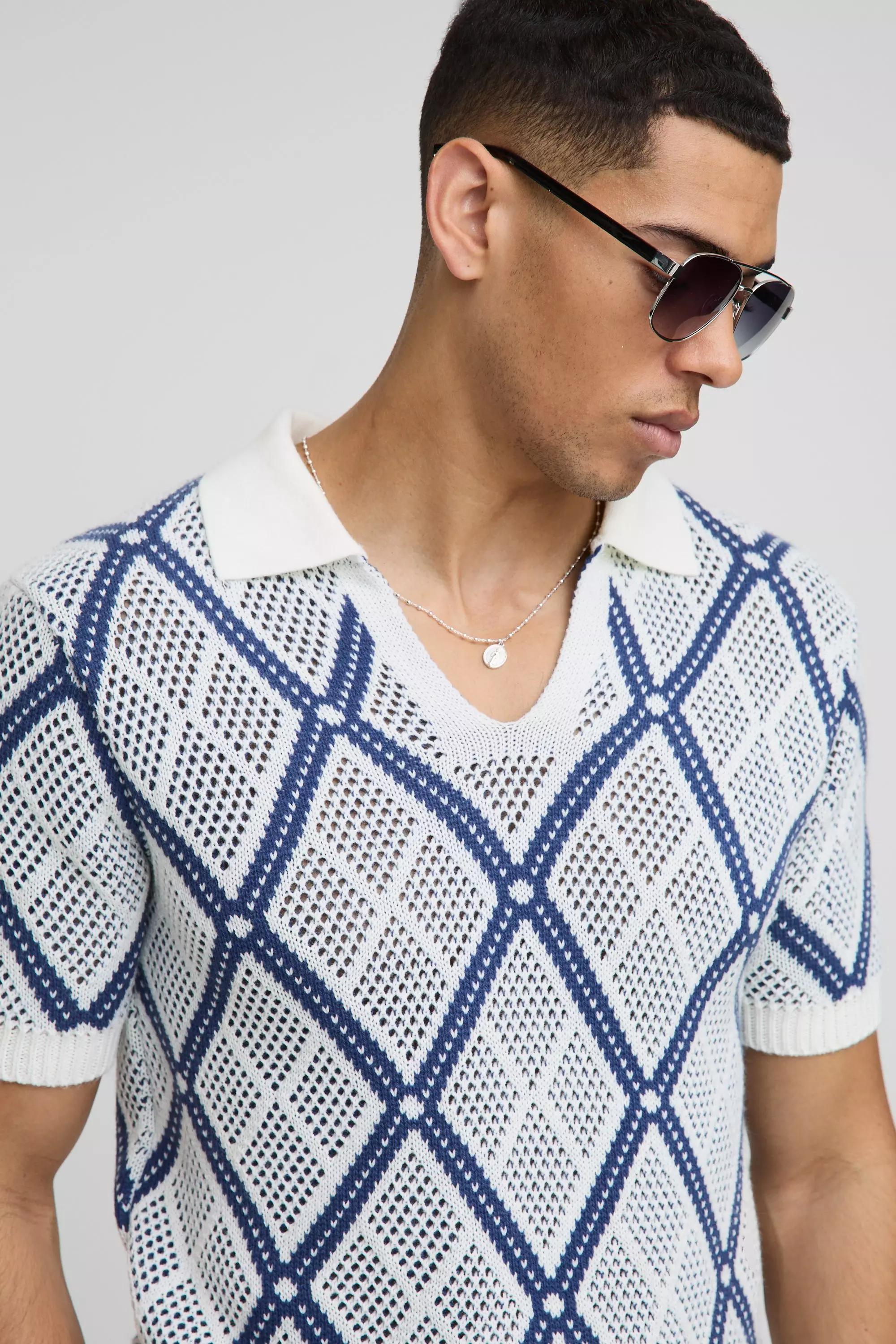 Navy Regular Fit Crochet Knitted Polo alternative image
