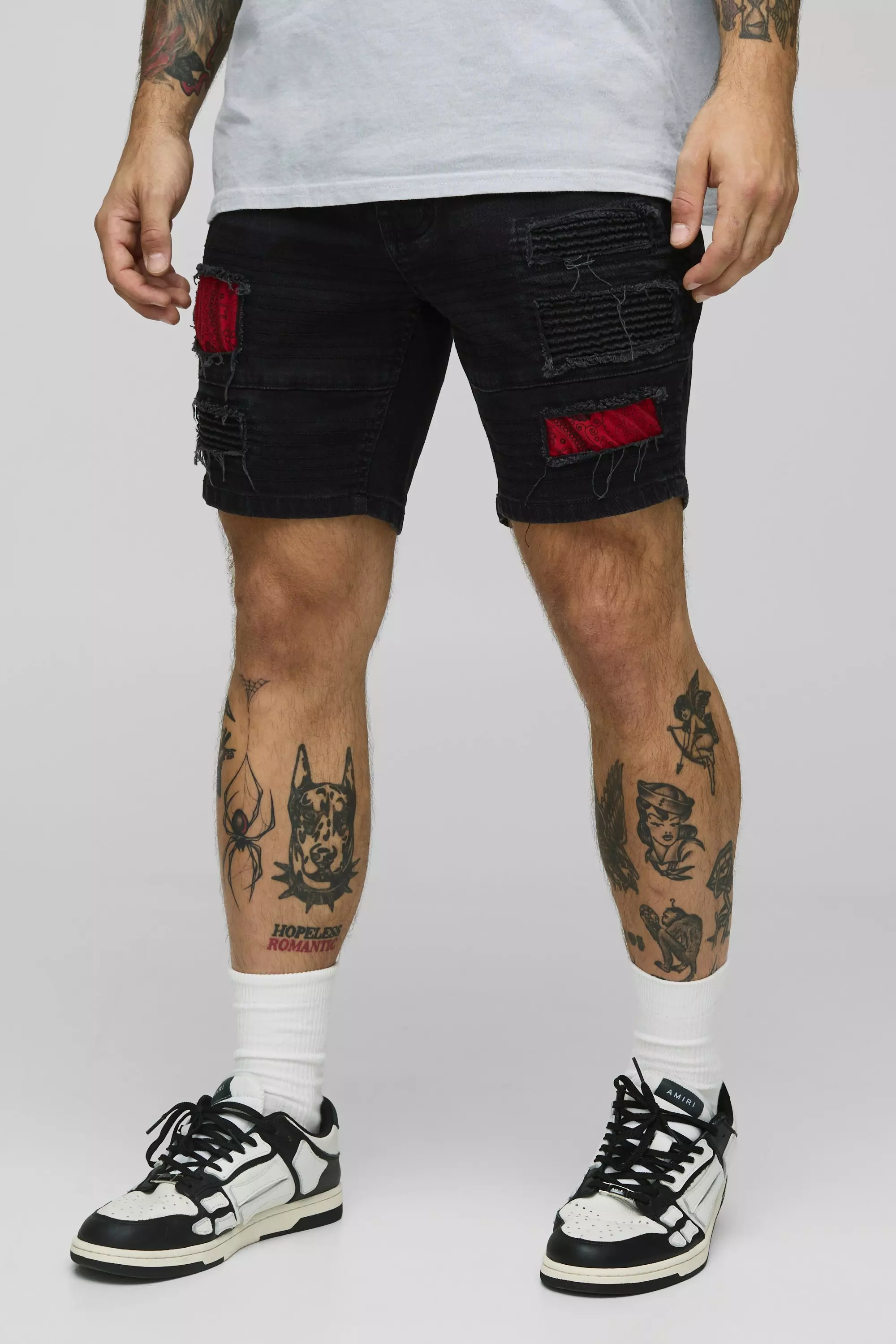 Washed black Skinny Fit Biker Bandana Rip & Repair Jean Shorts alternative image
