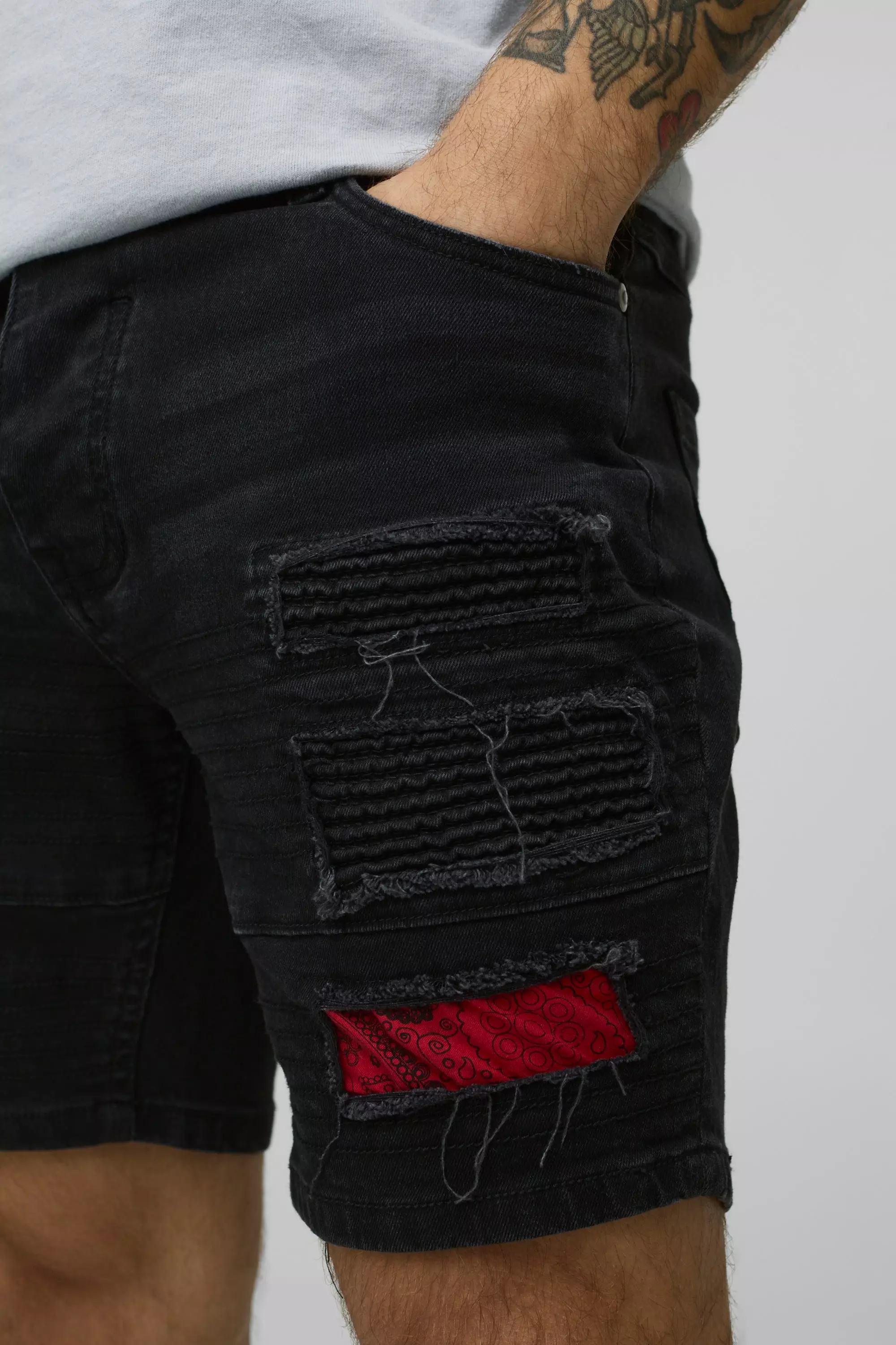 Washed black Skinny Fit Biker Bandana Rip & Repair Jean Shorts alternative image