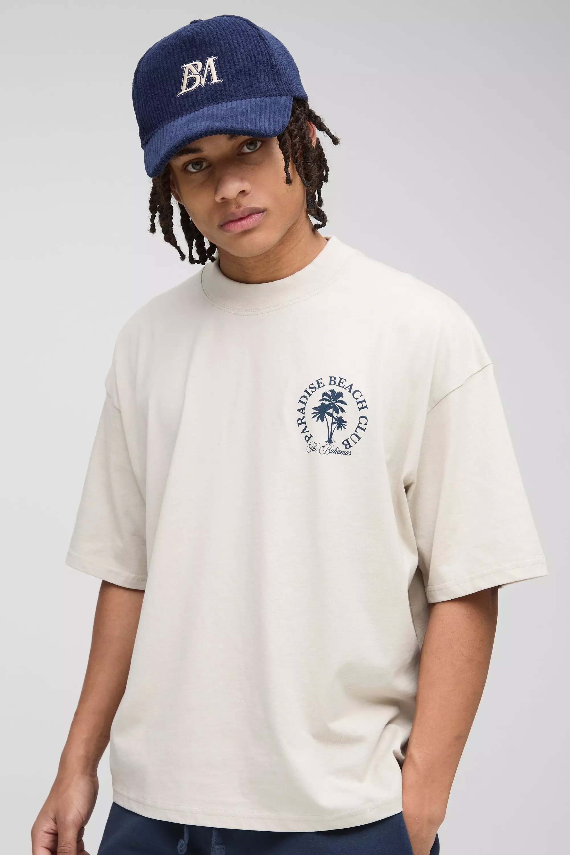 Oversized Boxy Extended Neck Paradise Beach Club Palm Tree T-Shirt | boohooMAN USA