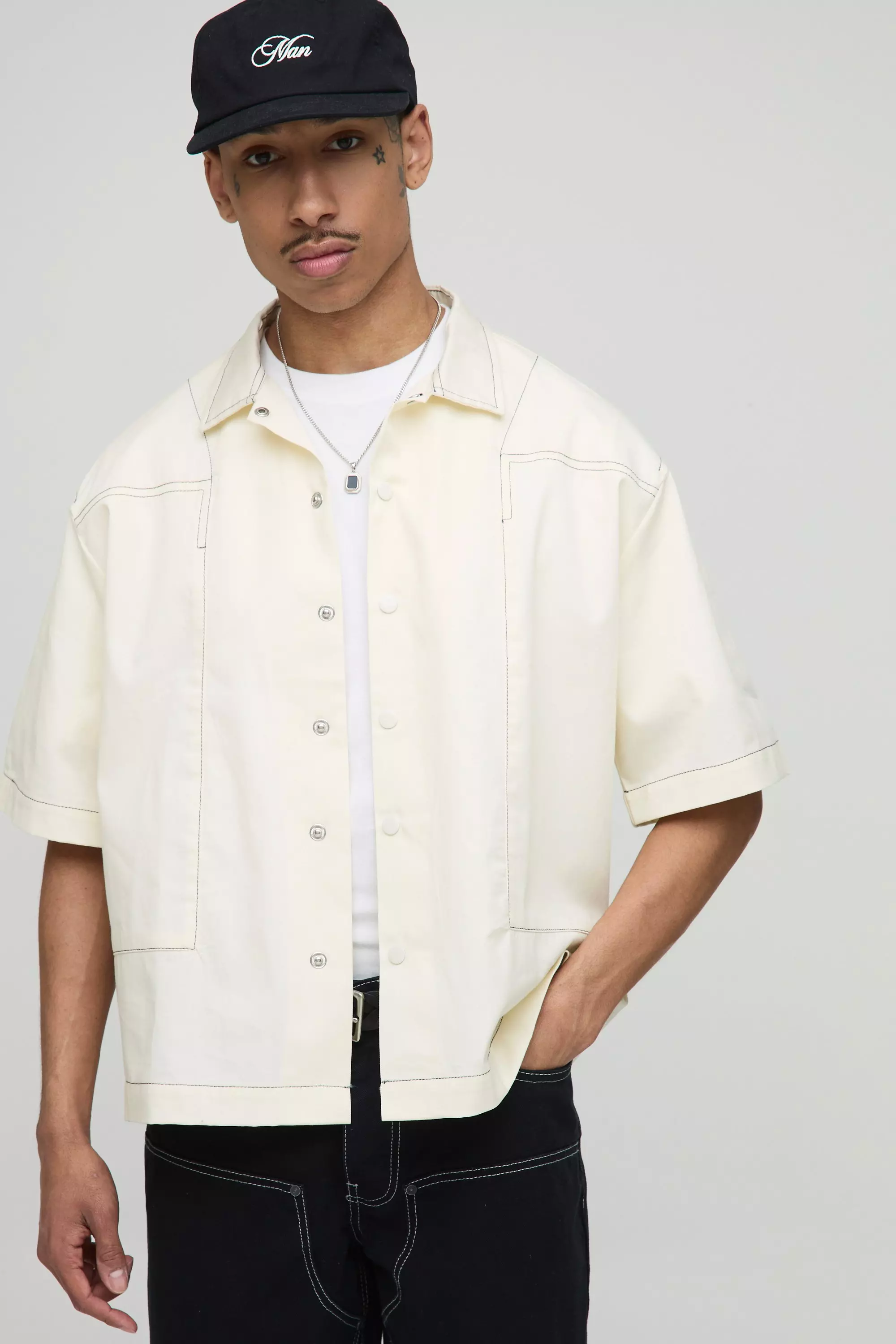 Oversized Half Sleeve Contrast Stitch Collared Shirt | boohooMAN USA
